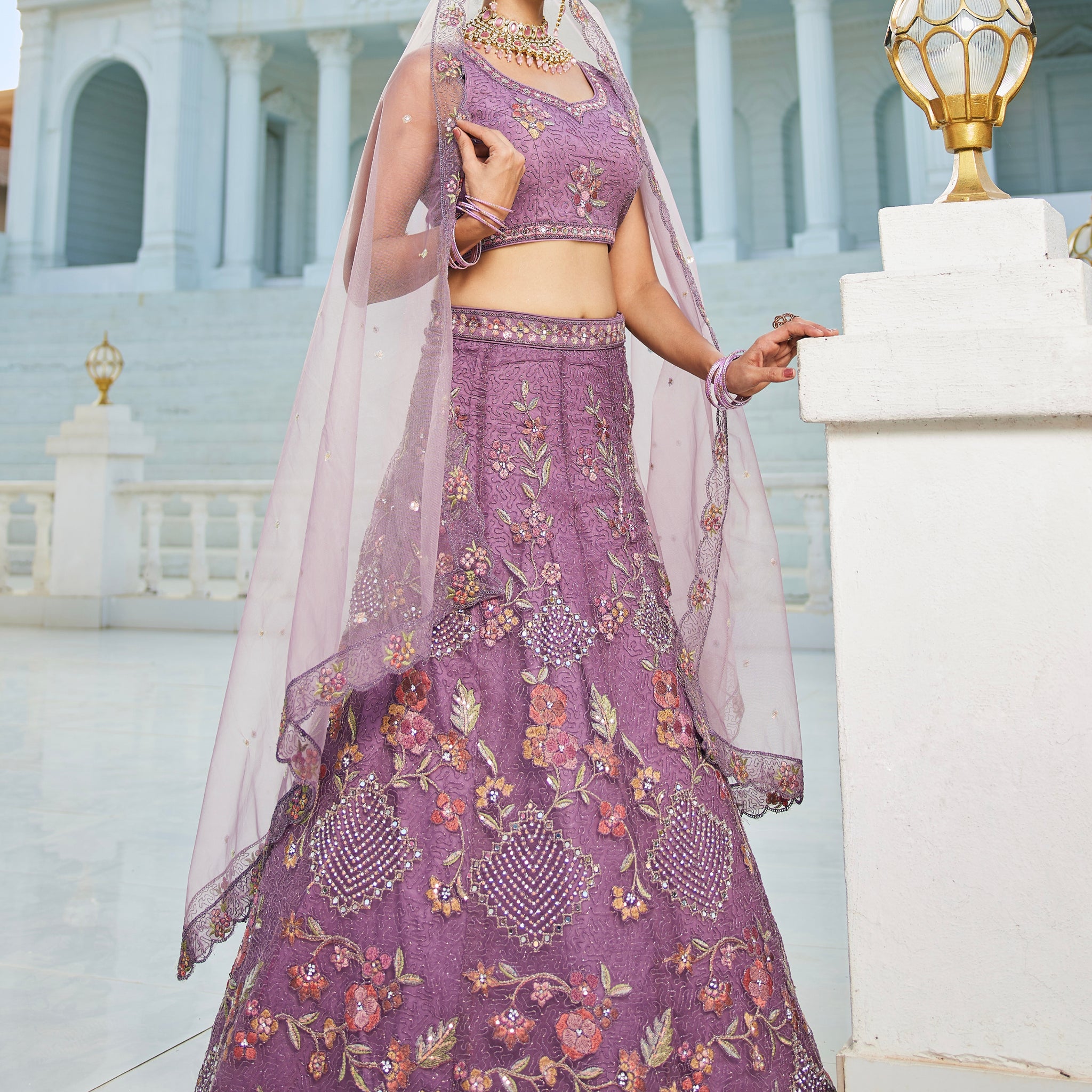 Purple Embroidered Net Lehenga with Sequins & Zarkan Work