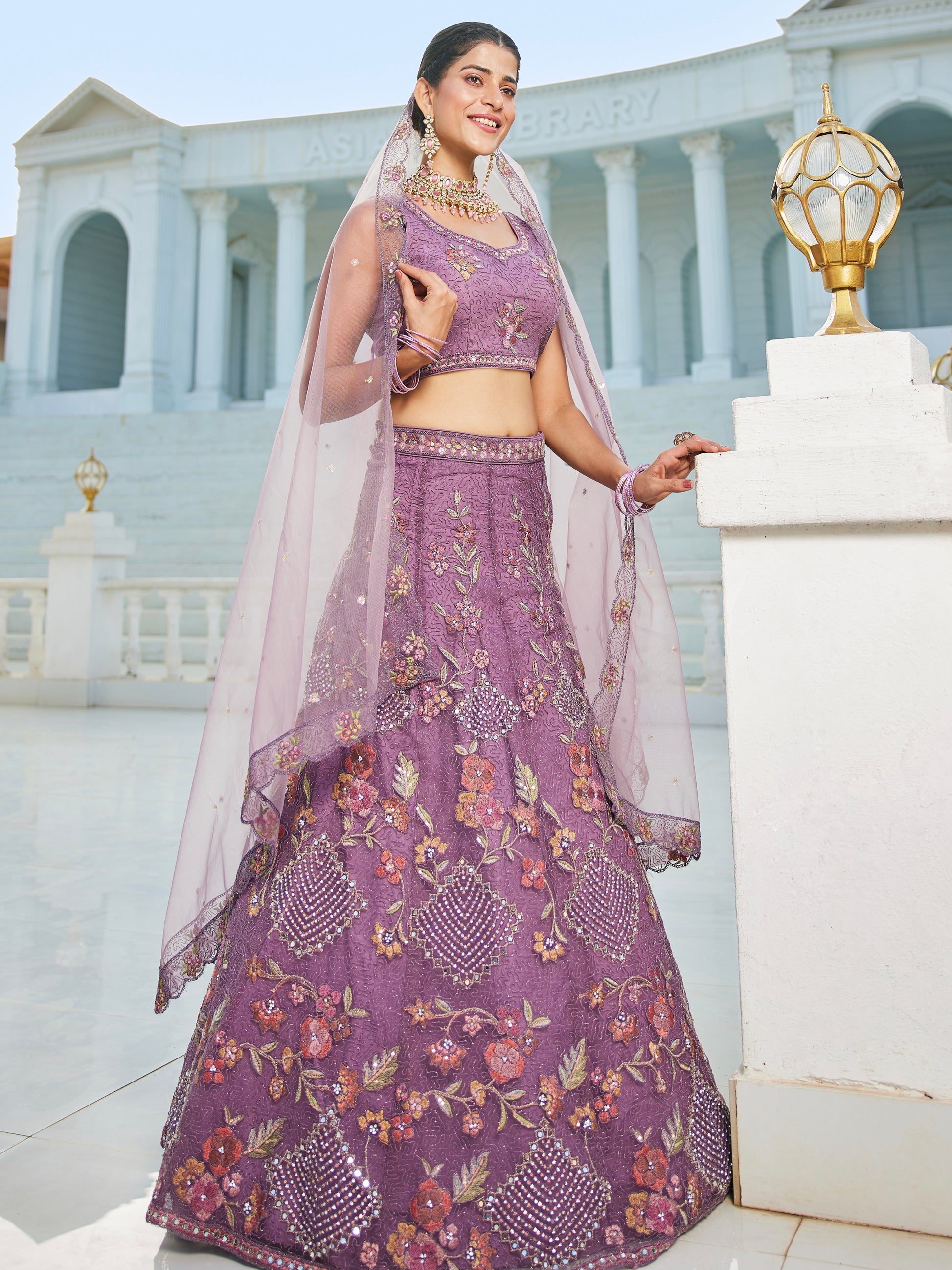 Purple Embroidered Net Lehenga with Sequins & Zarkan Work