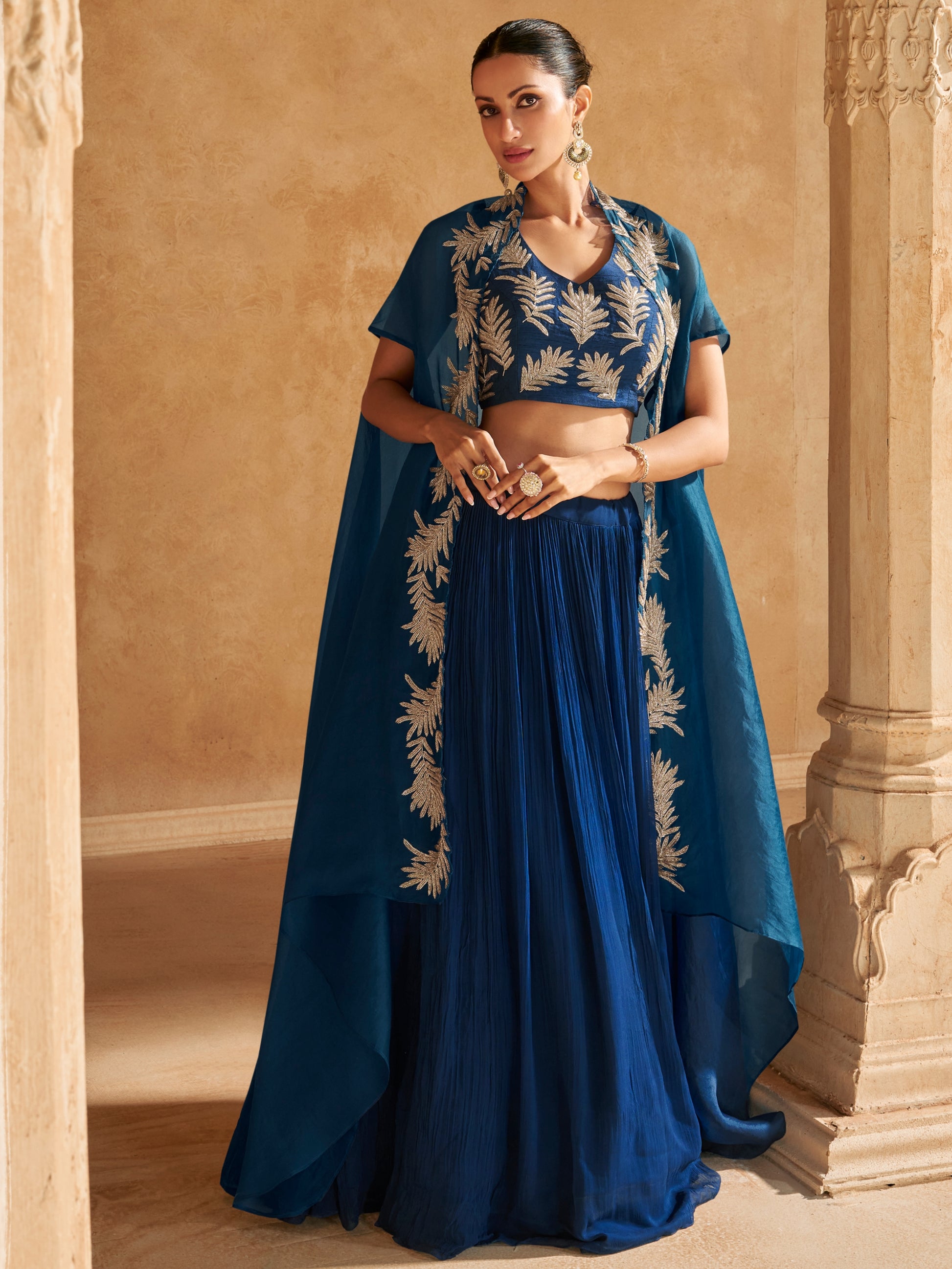 Royal Blue Chinon Silk Jacket Style Lehenga