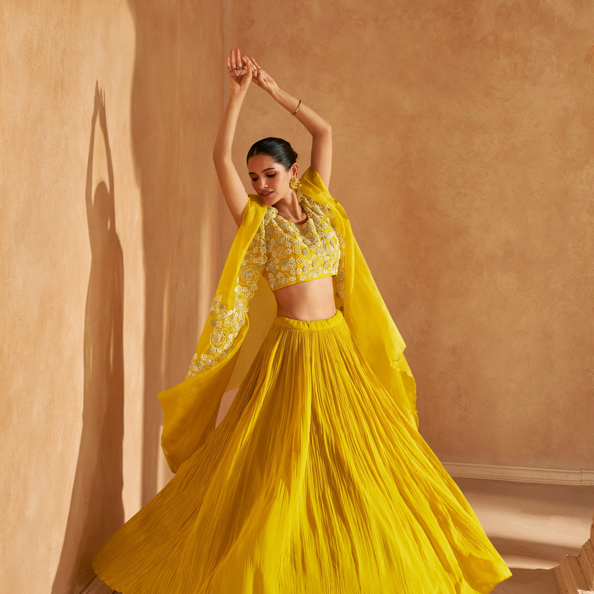 Mustard Yellow Chinon Silk Lehenga with Handwork Blouse