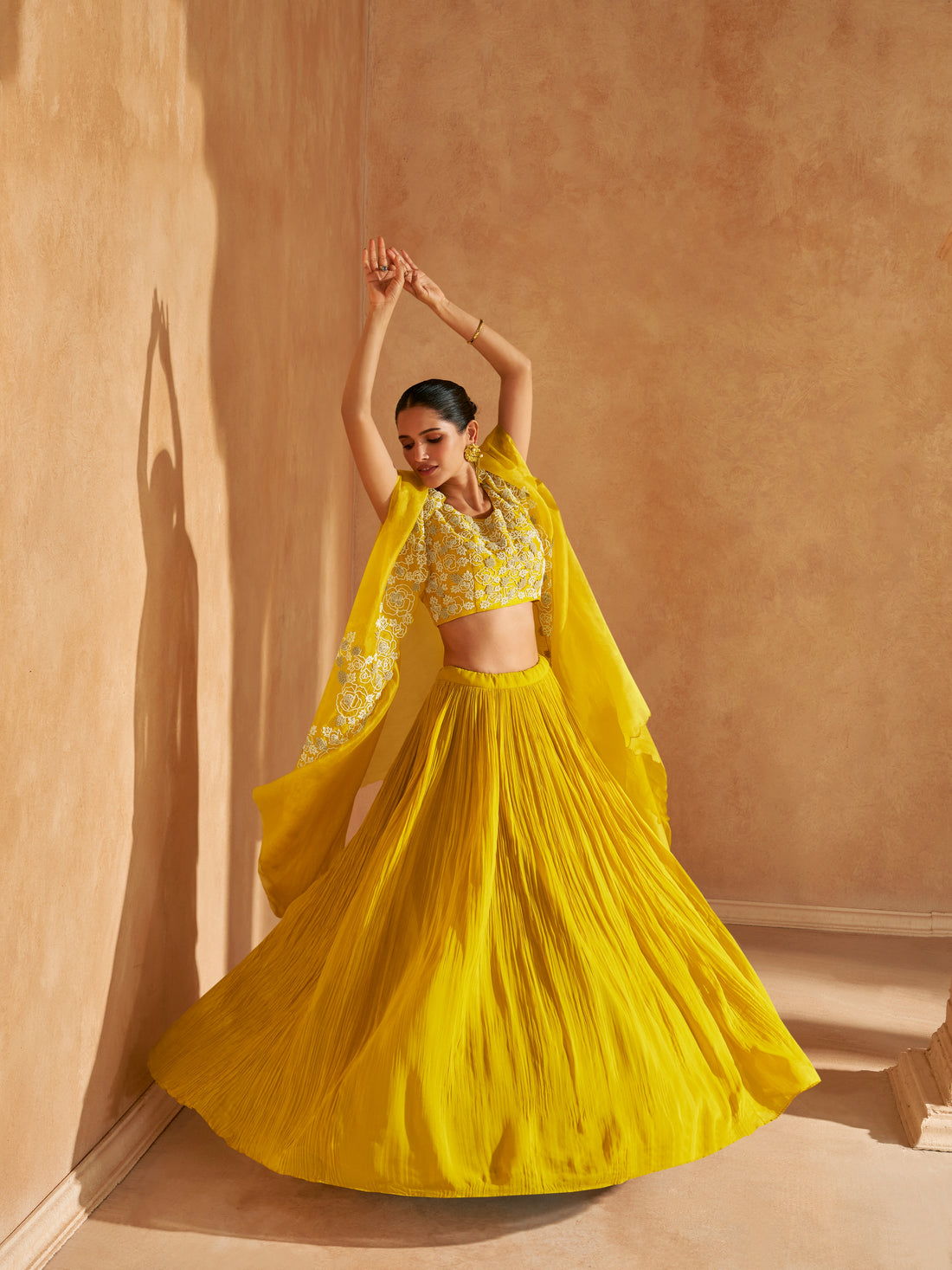 Mustard Yellow Chinon Silk Lehenga with Handwork Blouse