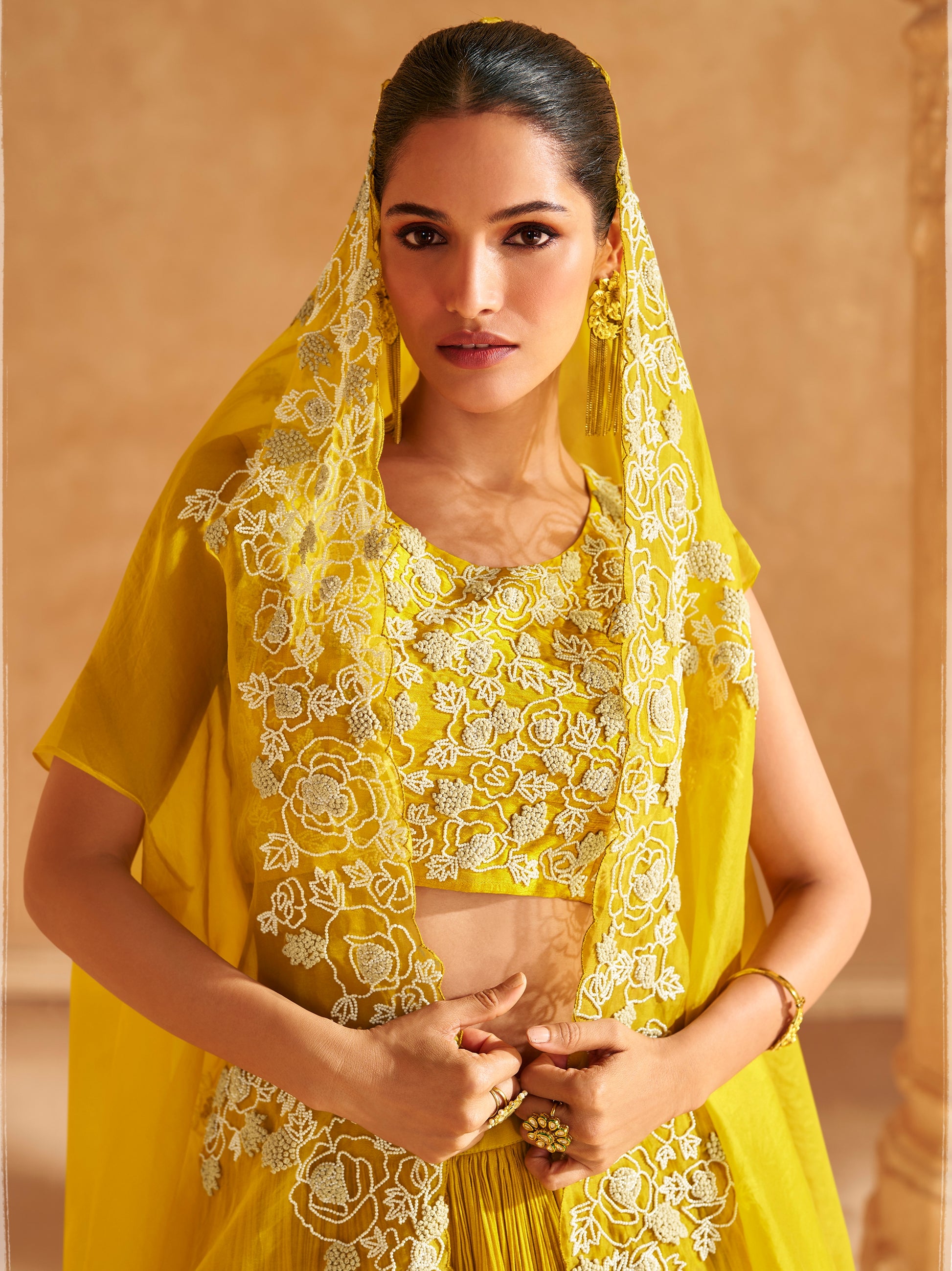 Mustard Yellow Chinon Silk Lehenga with Handwork Blouse