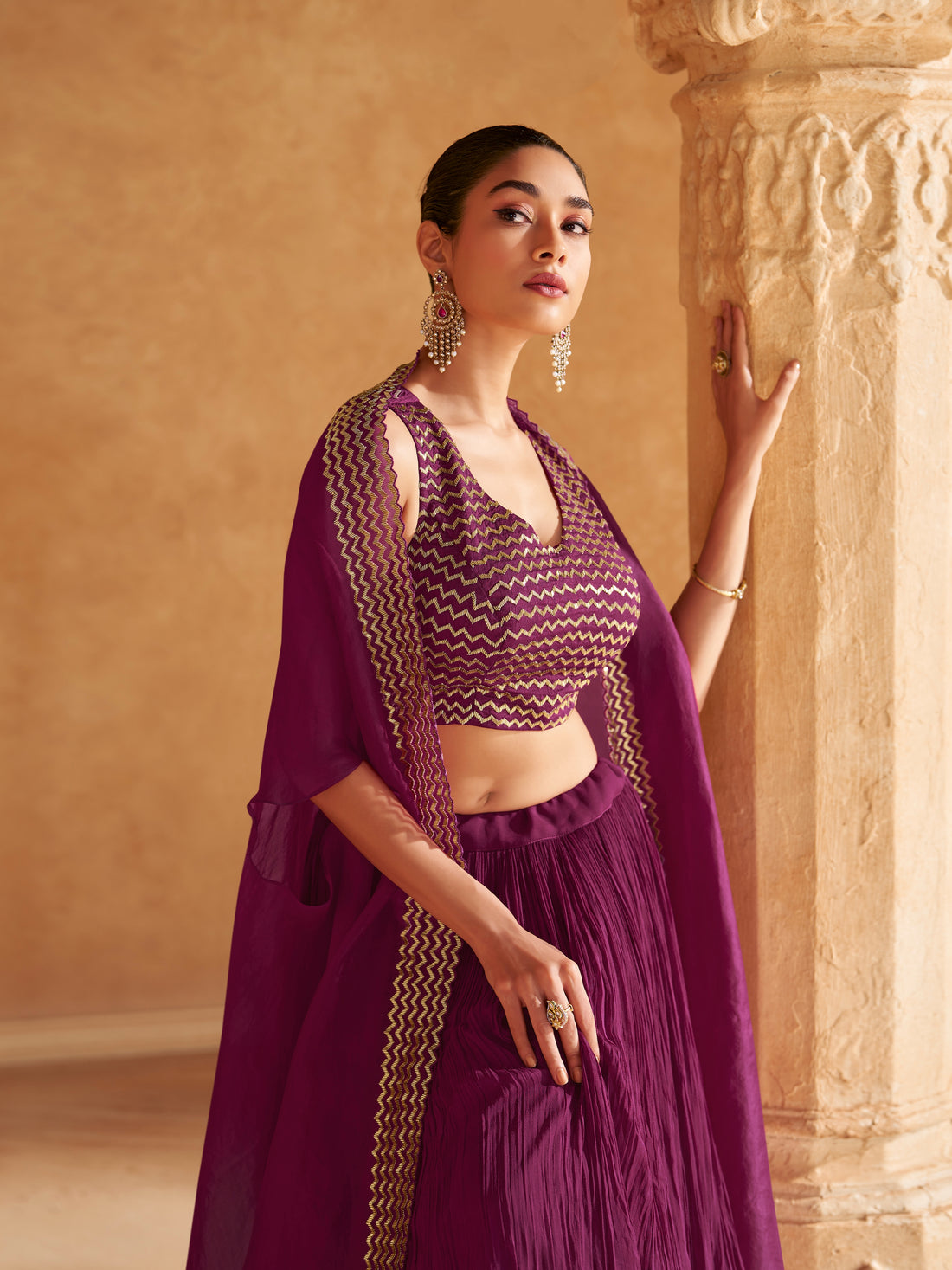 Wine Purple Chinon Silk Jacket Style Lehenga