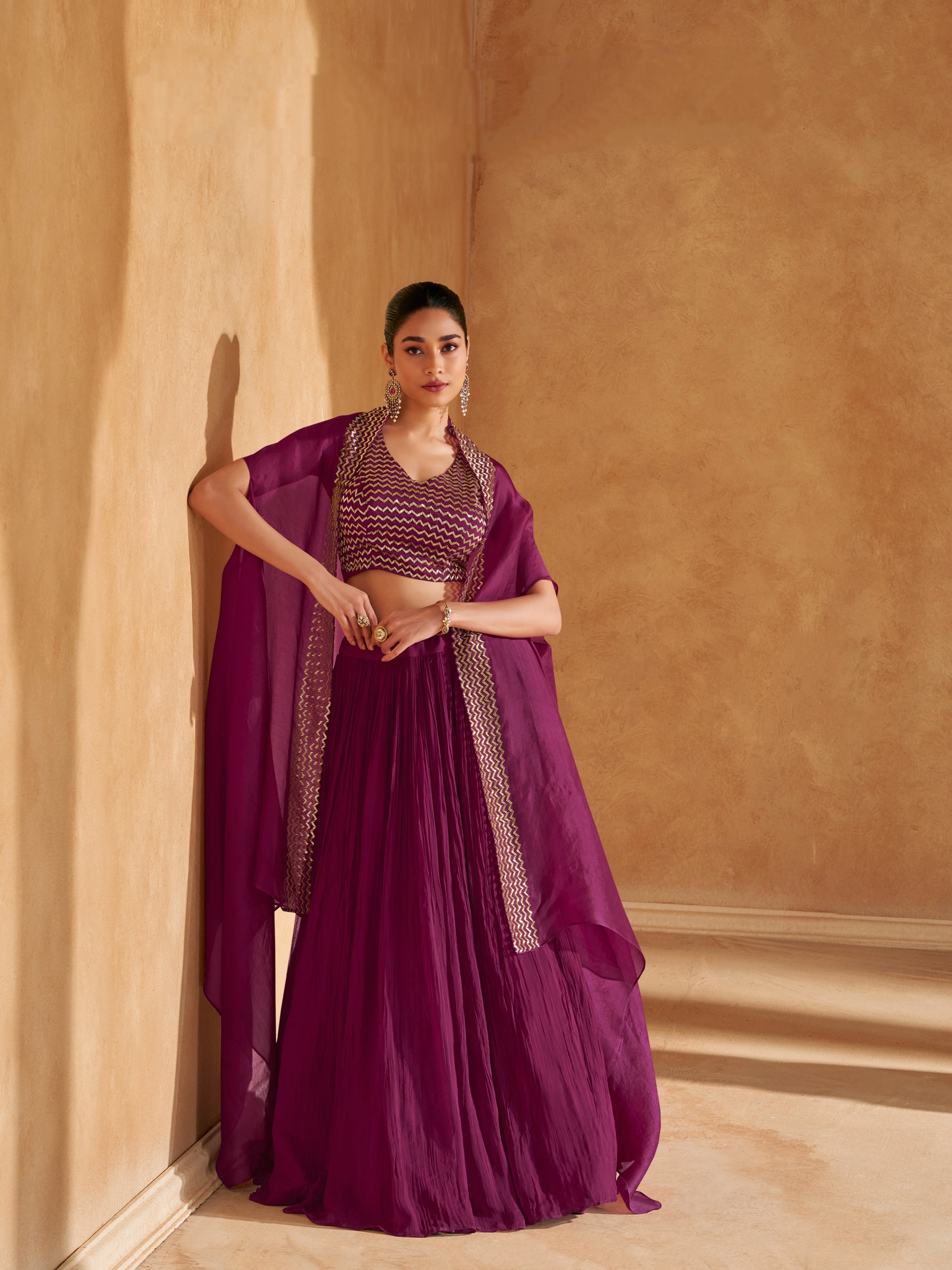 Wine Purple Chinon Silk Jacket Style Lehenga