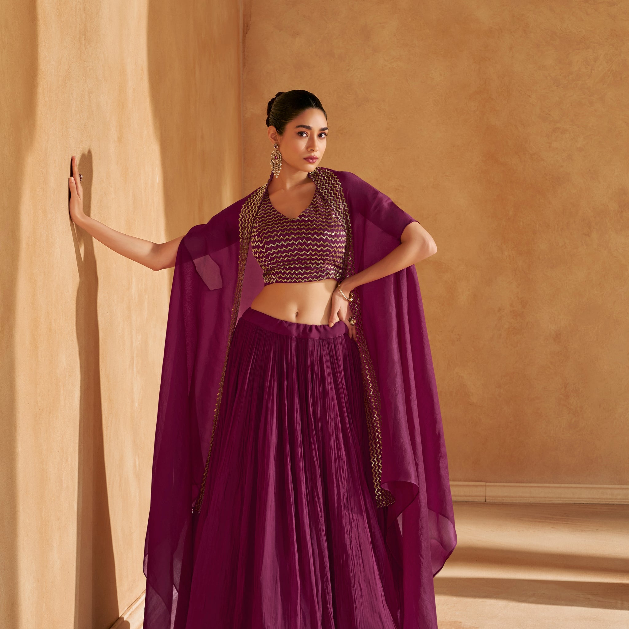 Wine Purple Chinon Silk Jacket Style Lehenga