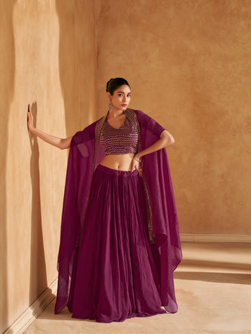 Wine Purple Chinon Silk Jacket Style Lehenga