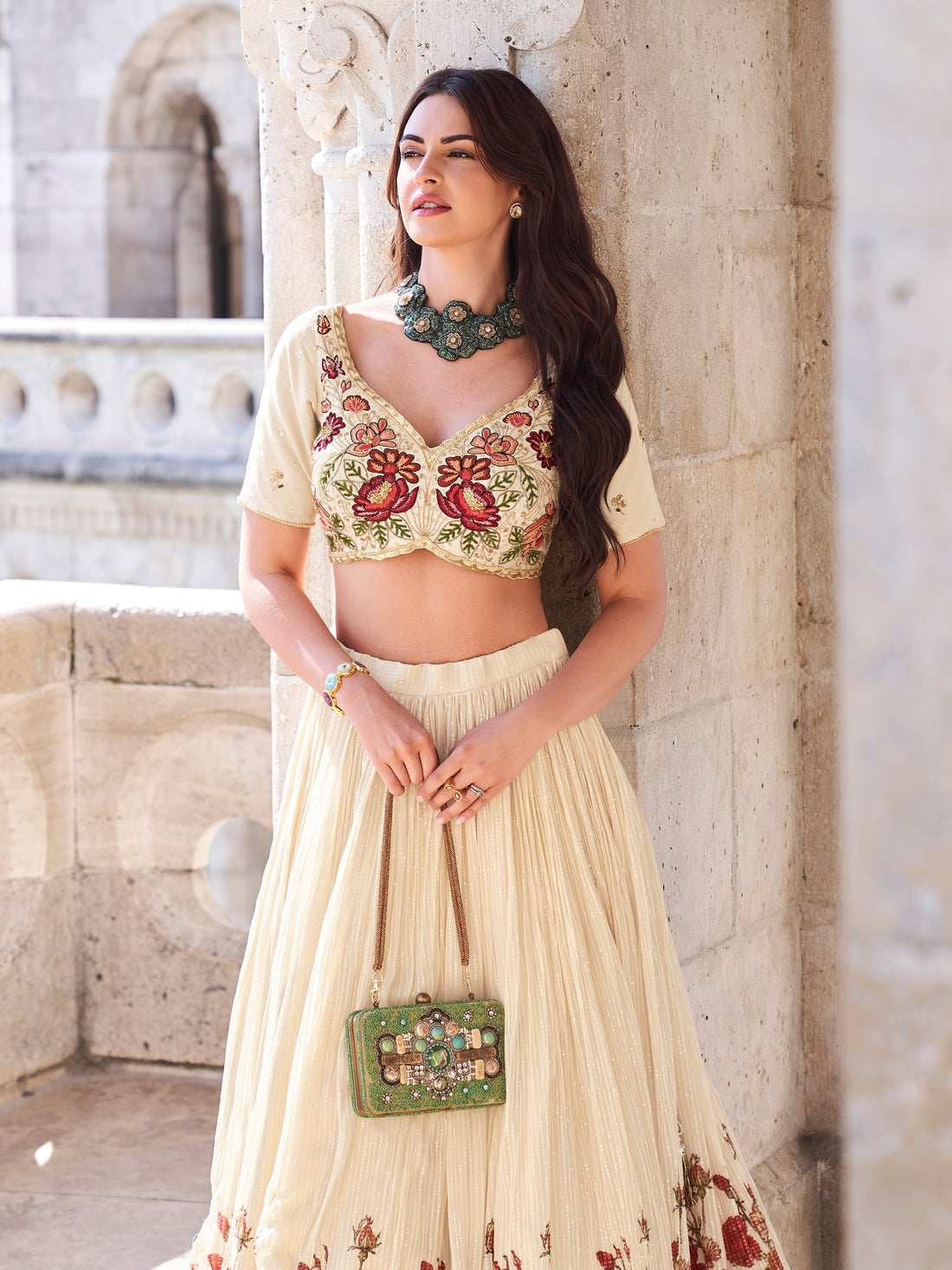 Ivory Floral Embroidered Chinon Silk Lehenga Set