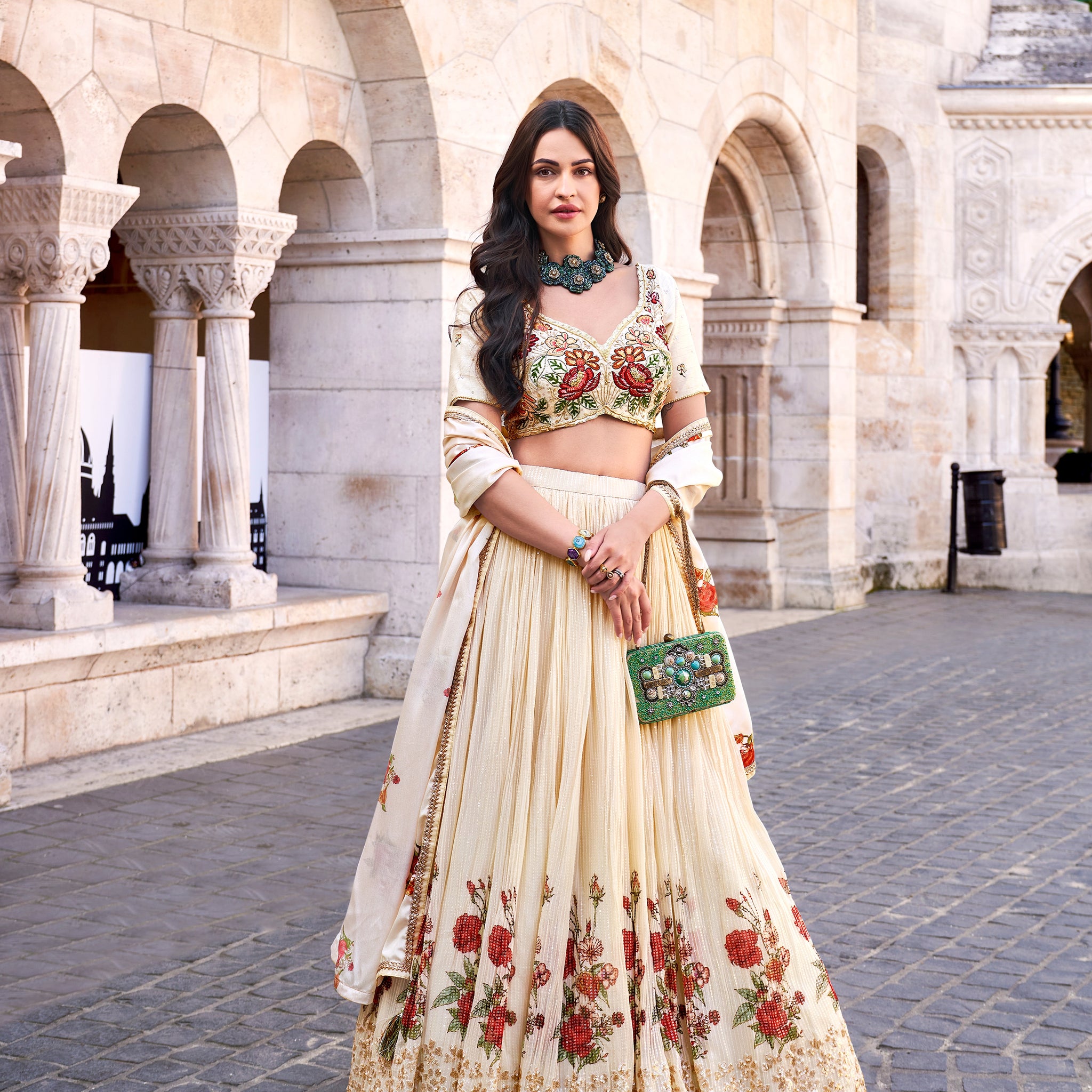 Ivory Floral Embroidered Chinon Silk Lehenga Set