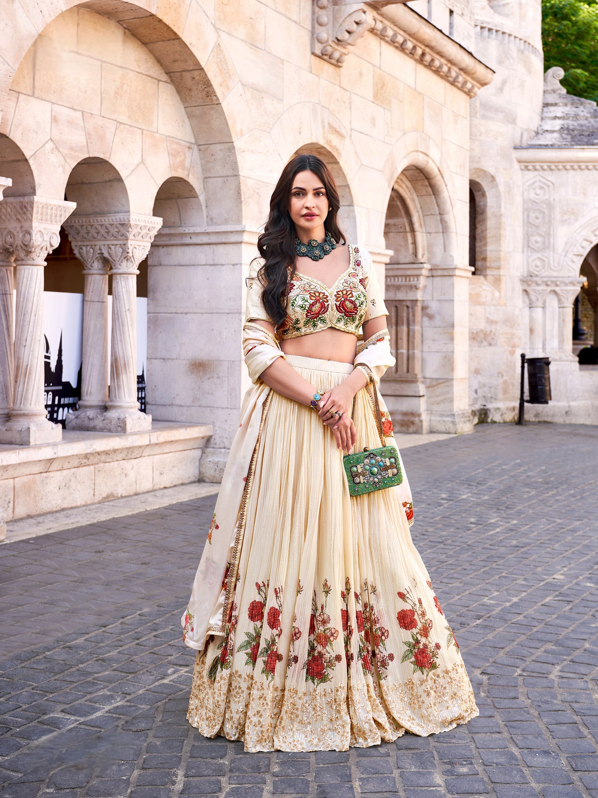 Ivory Floral Embroidered Chinon Silk Lehenga Set