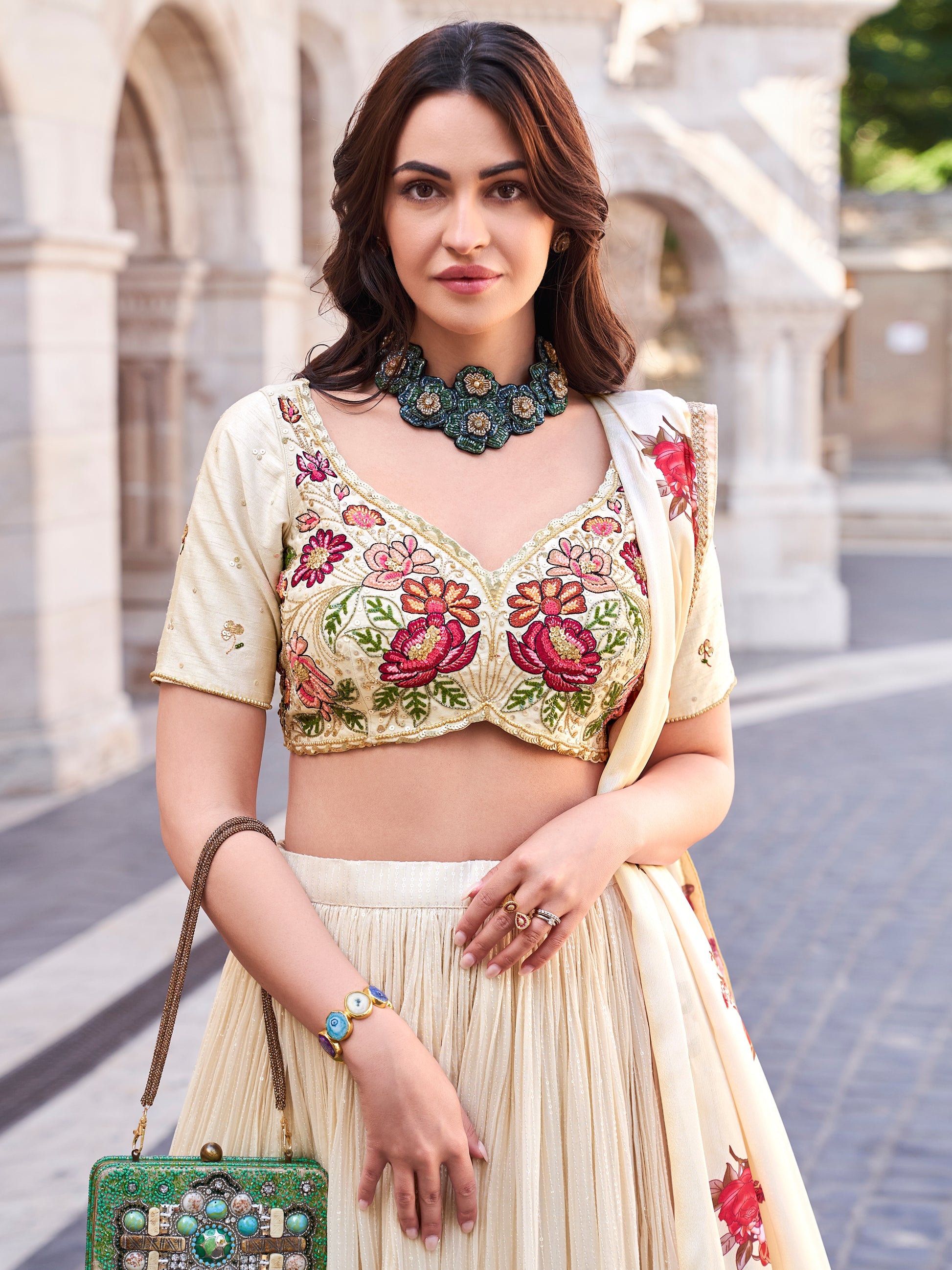 Ivory Floral Embroidered Chinon Silk Lehenga Set