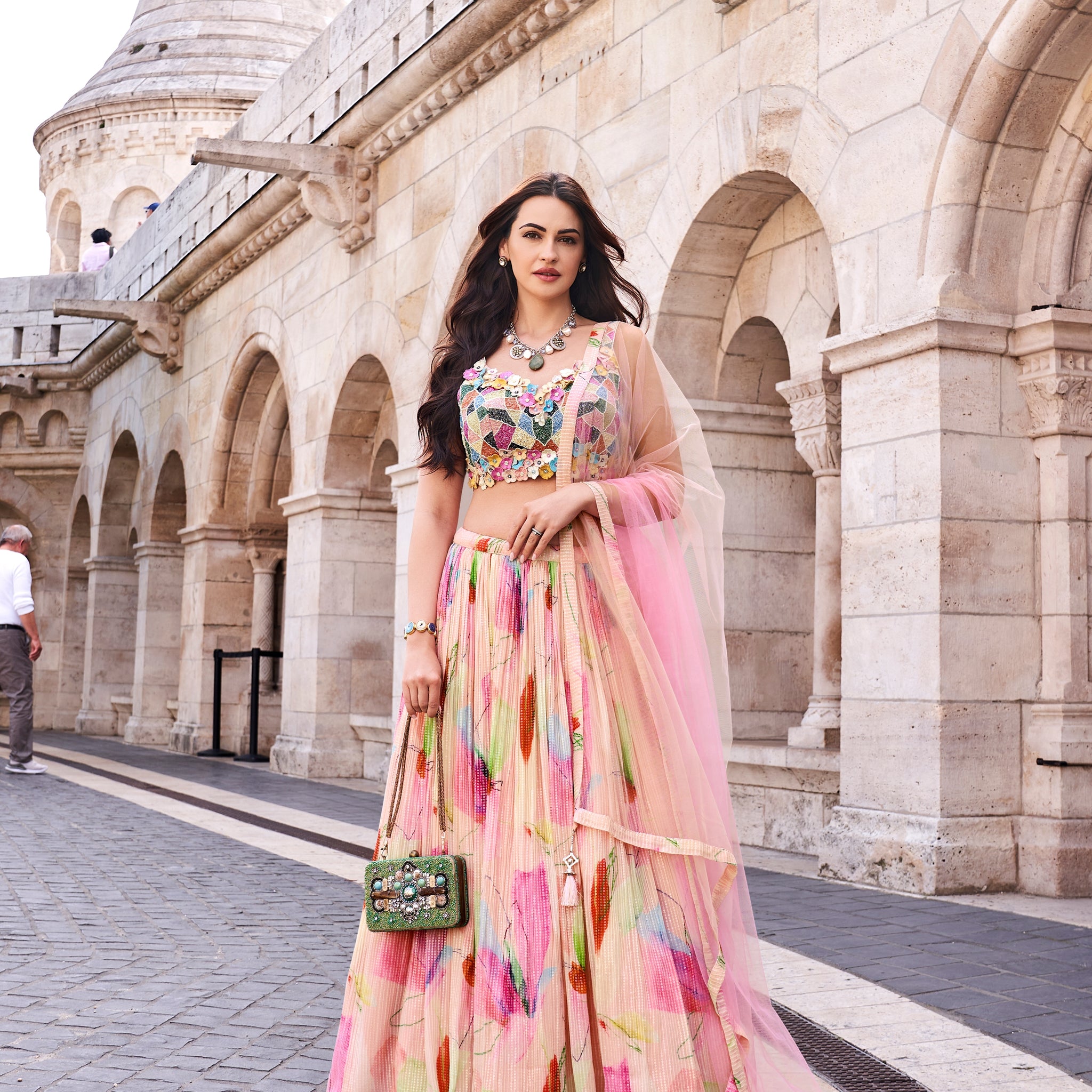 Pastel Pink Floral Embroidered Chinon Silk Lehenga Set