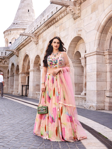 Pastel Pink Floral Embroidered Chinon Silk Lehenga Set