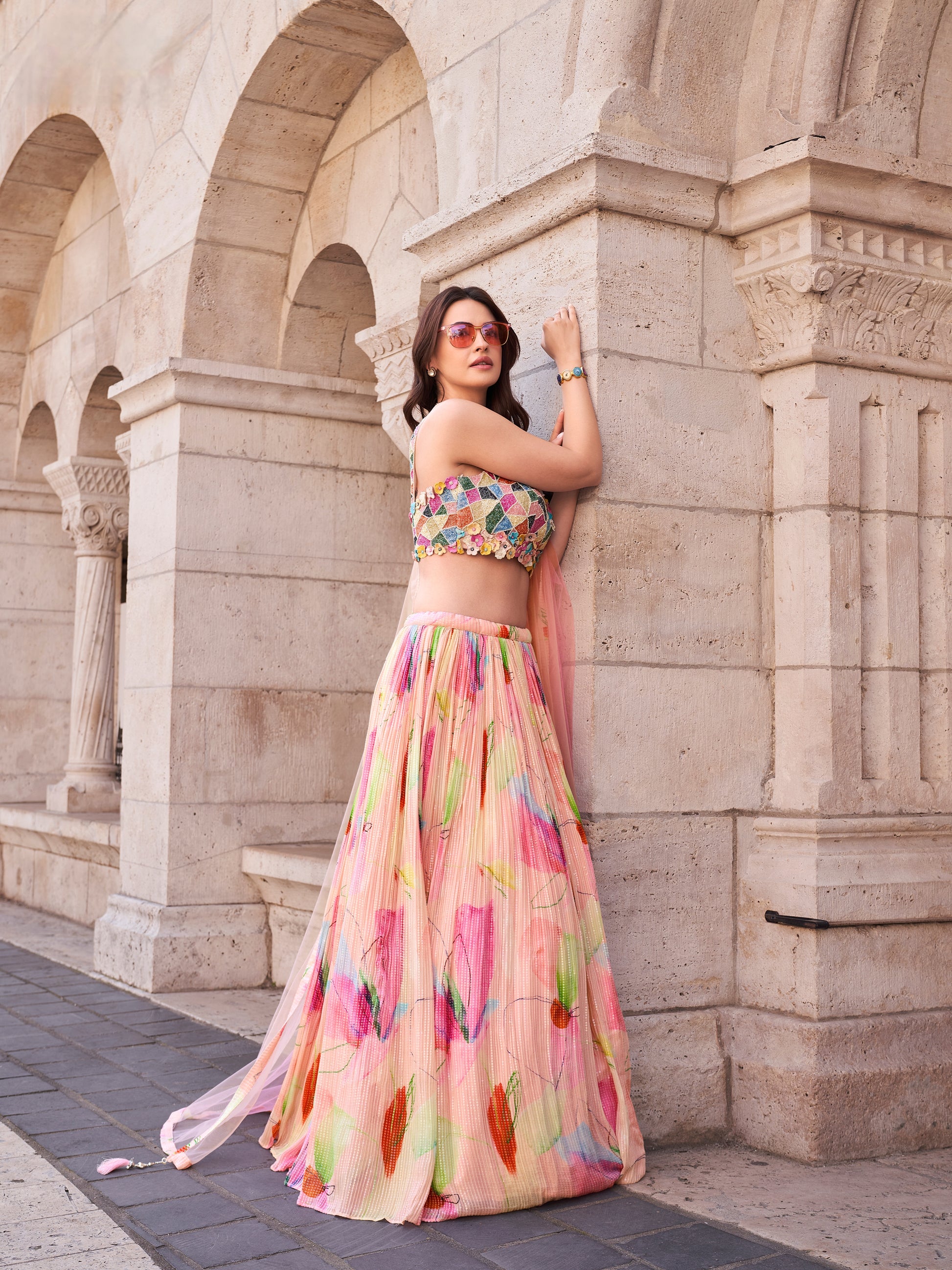 Pastel Pink Floral Embroidered Chinon Silk Lehenga Set