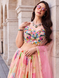 Pastel Pink Floral Embroidered Chinon Silk Lehenga Set