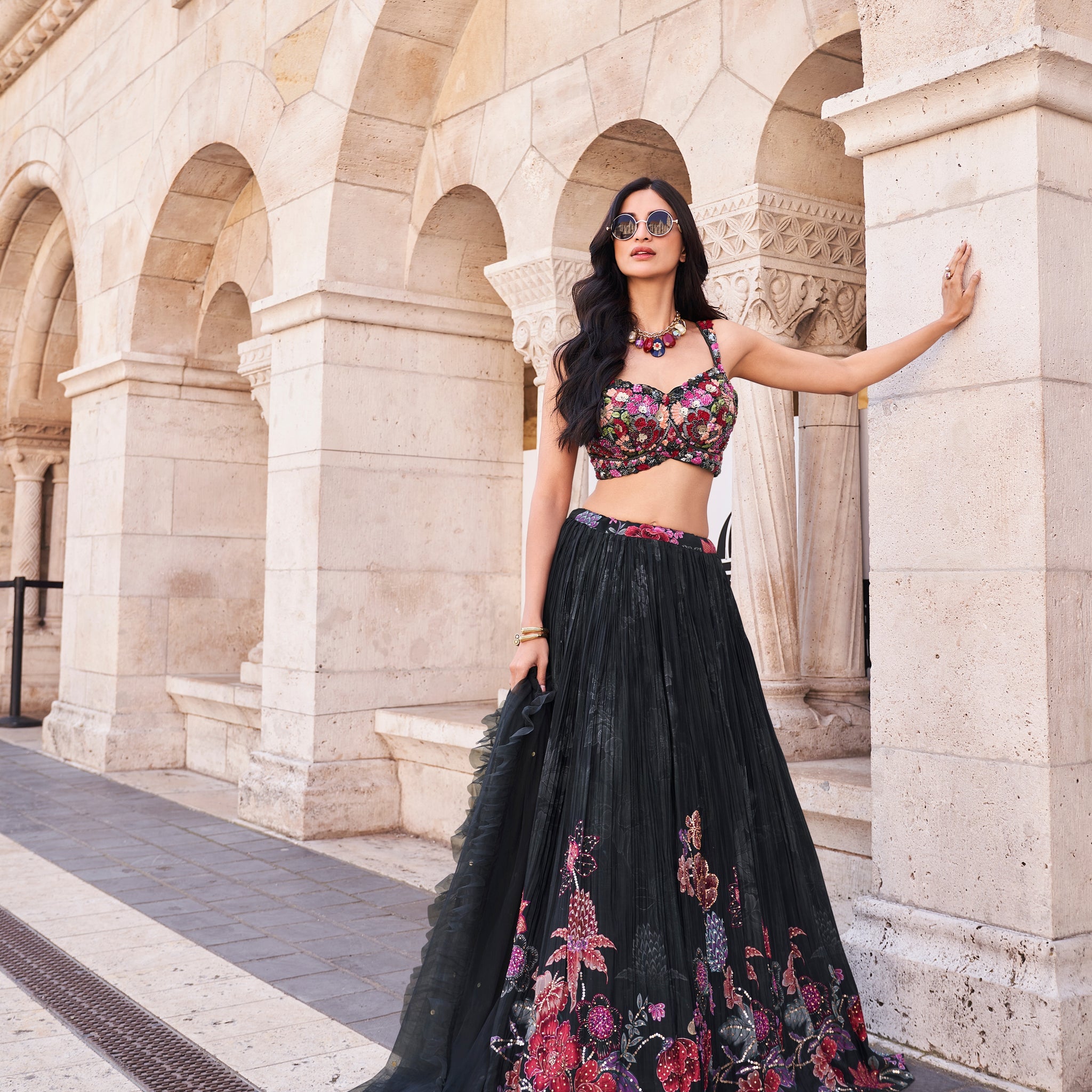 Black Embroidered Chinon Silk Lehenga Set