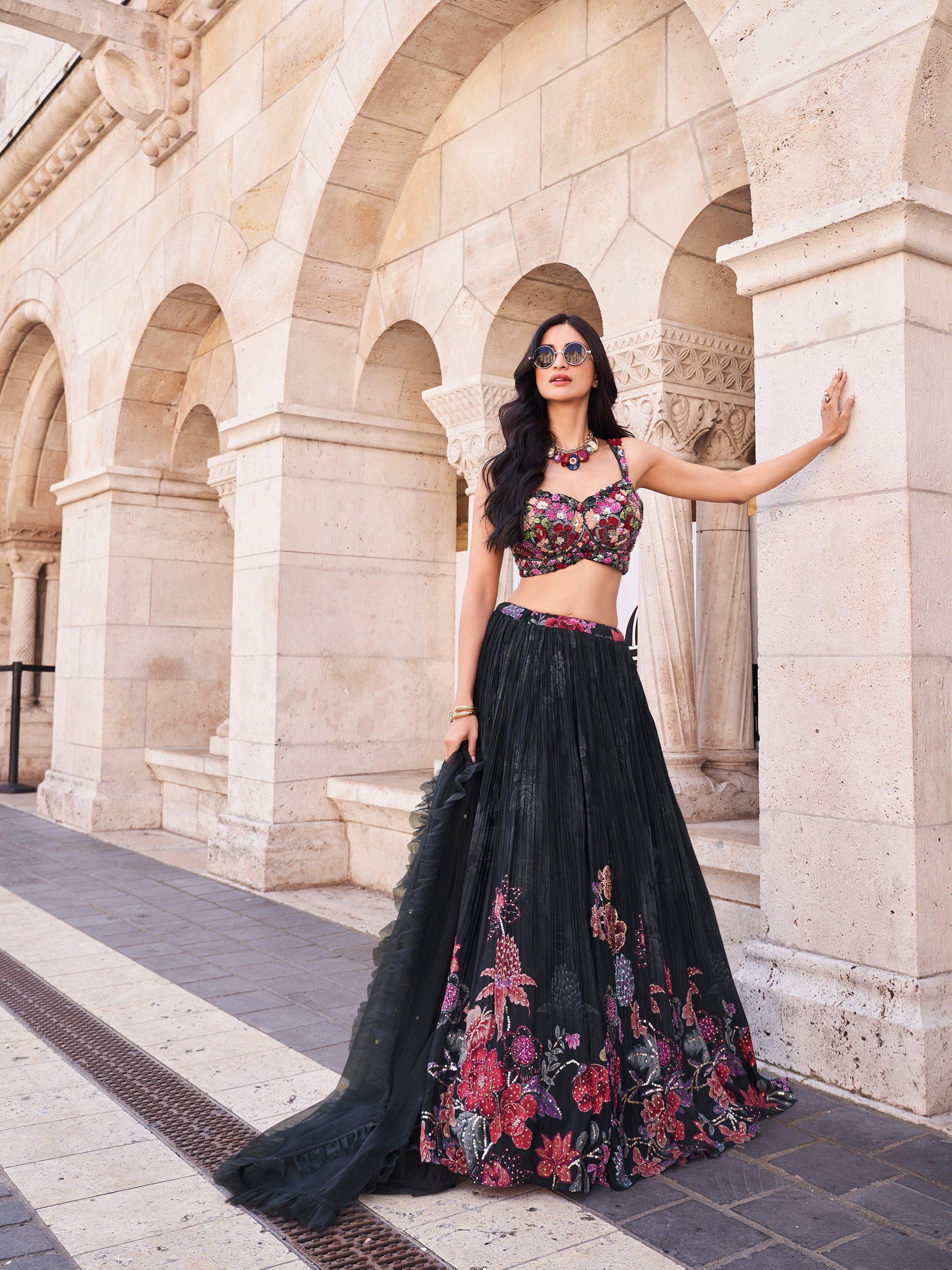 Black Embroidered Chinon Silk Lehenga Set