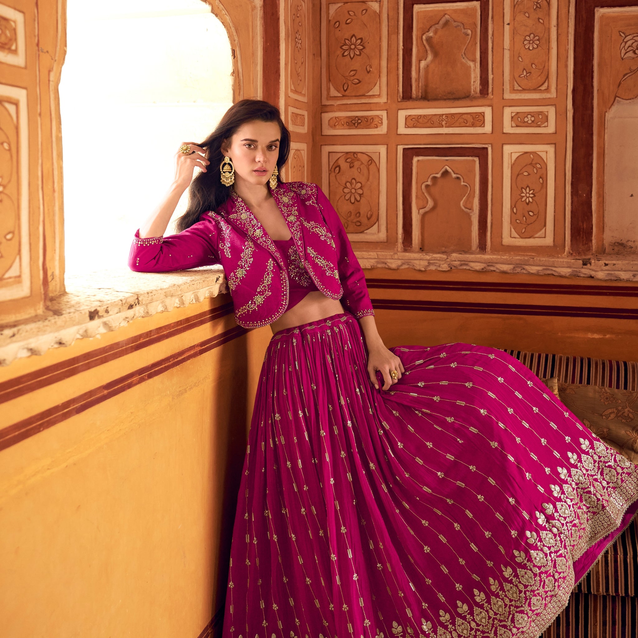 Magenta Embroidered Jacket Style Lehenga