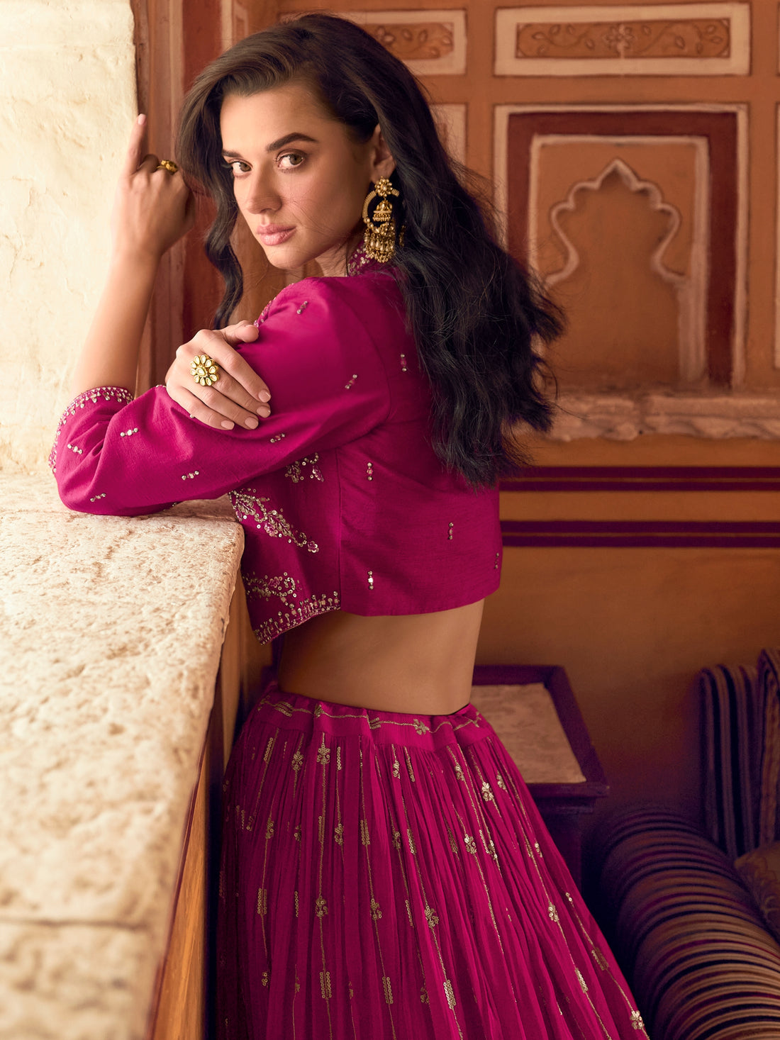 Magenta Embroidered Jacket Style Lehenga