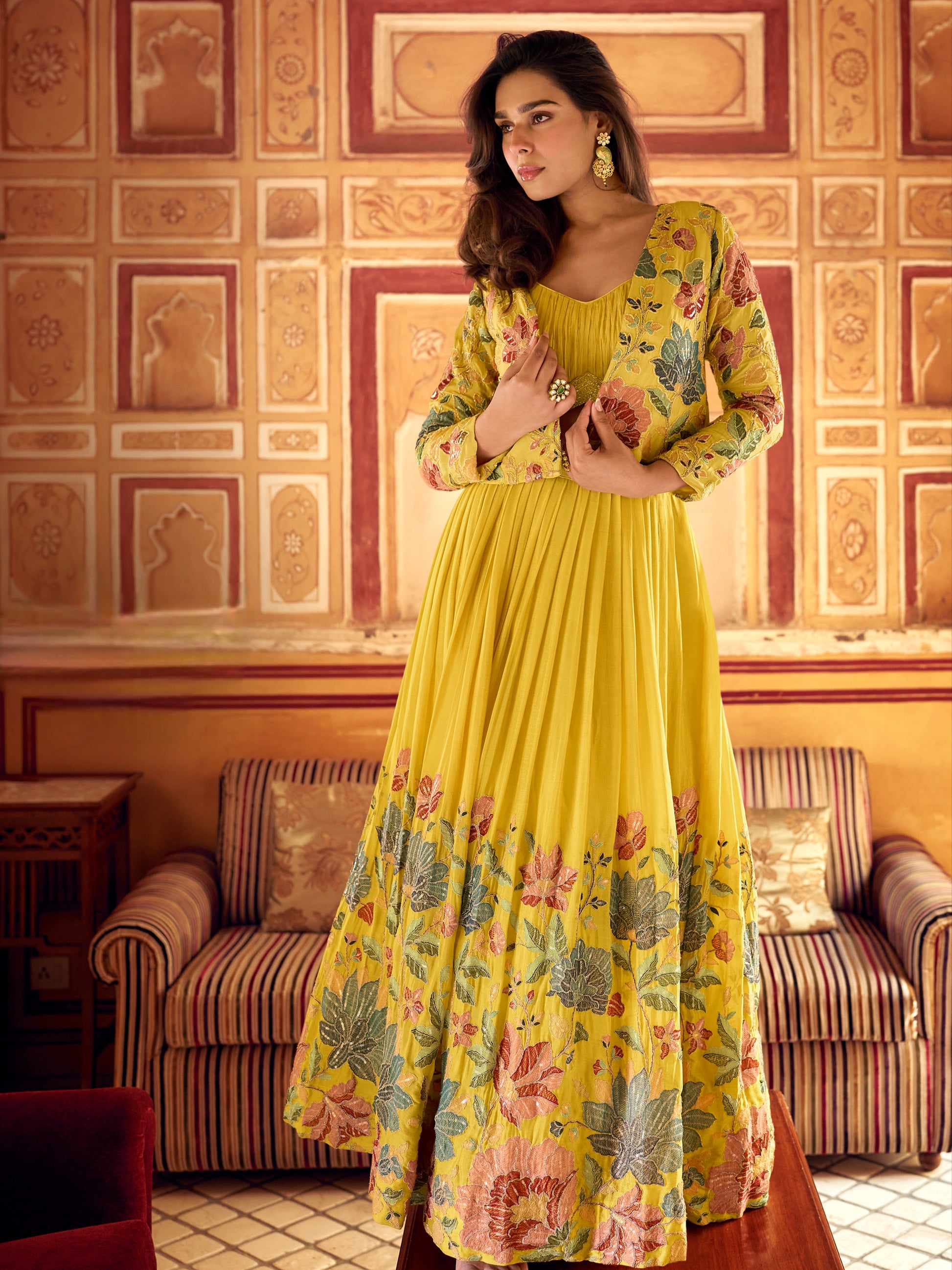 Yellow Floral Print Jacket Style Lehenga