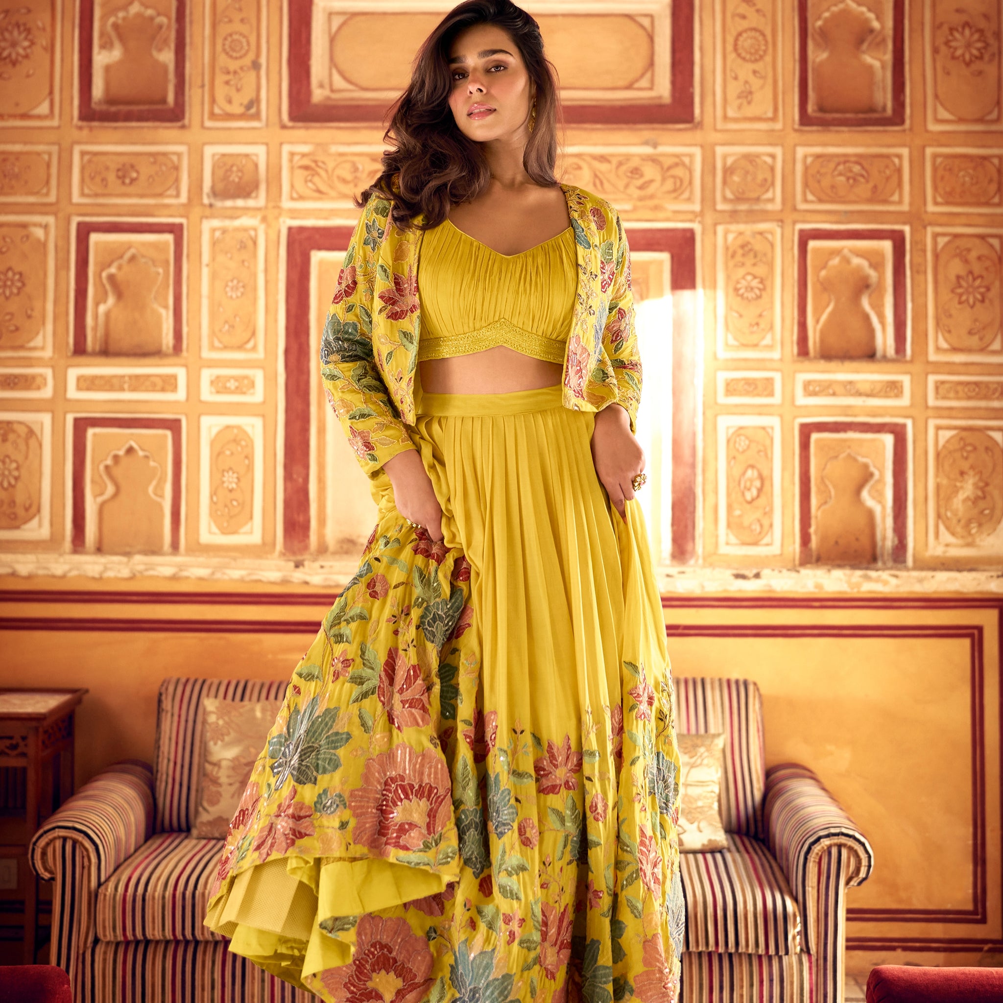 Yellow Floral Print Jacket Style Lehenga