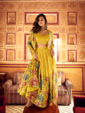 Yellow Floral Print Jacket Style Lehenga