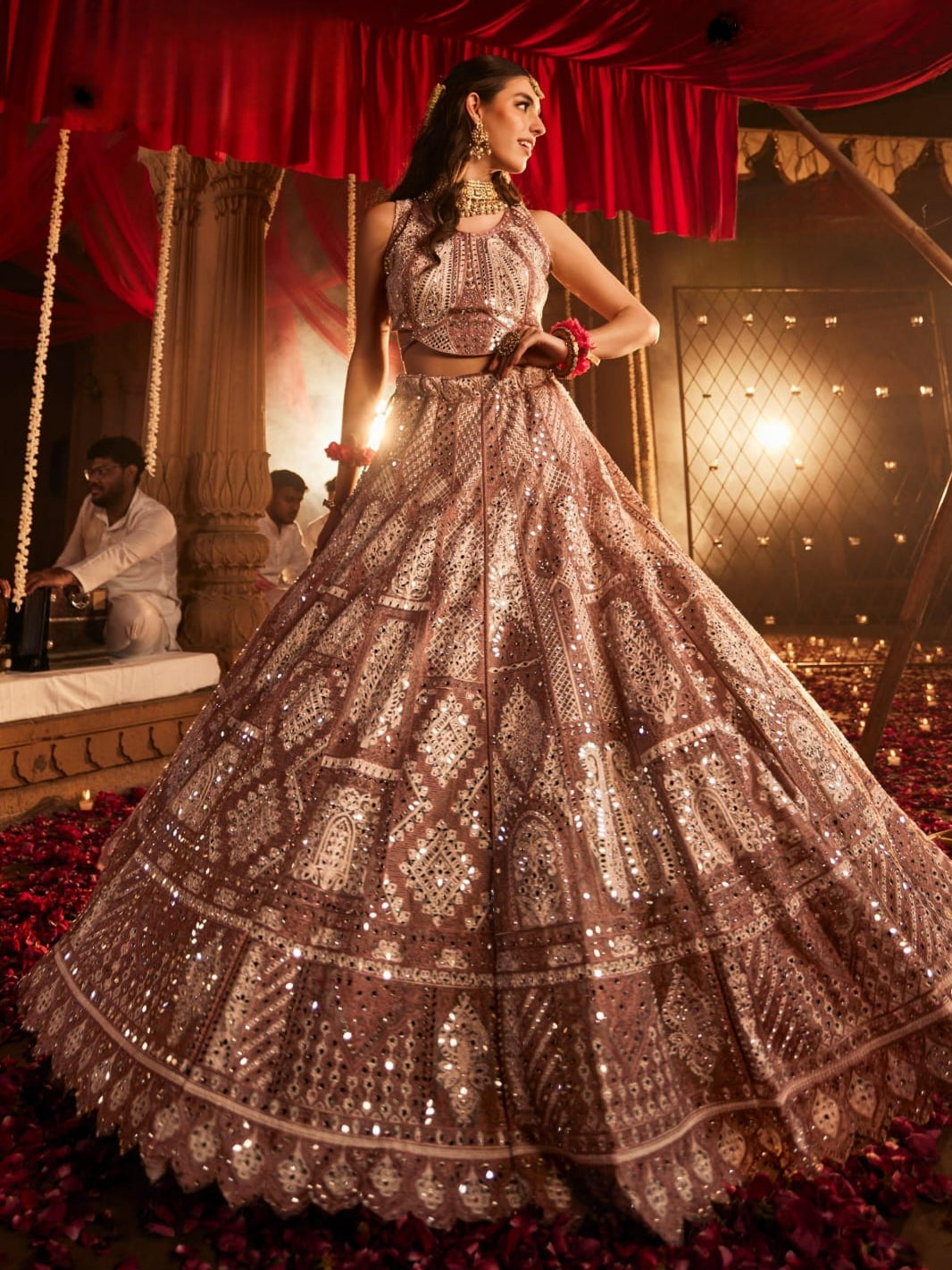 Luxury Rose Gold Mirror Work Bridal Lehenga