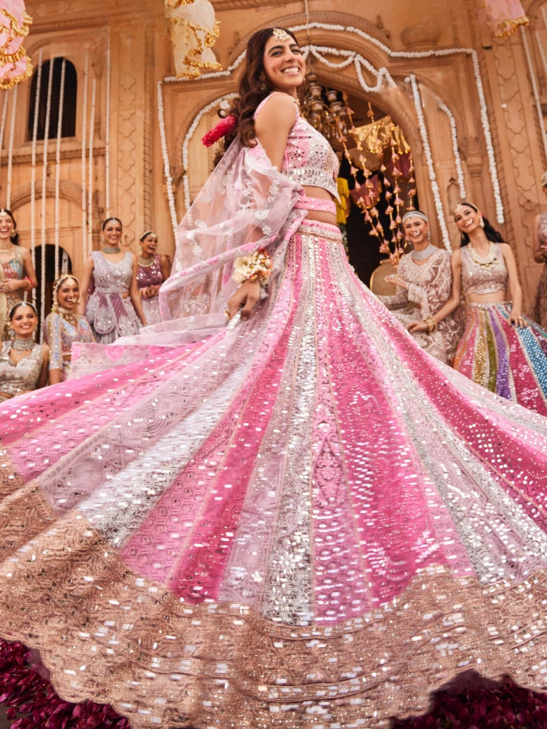 Pink & Rose Gold Mirror Work Bridal Lehenga Choli