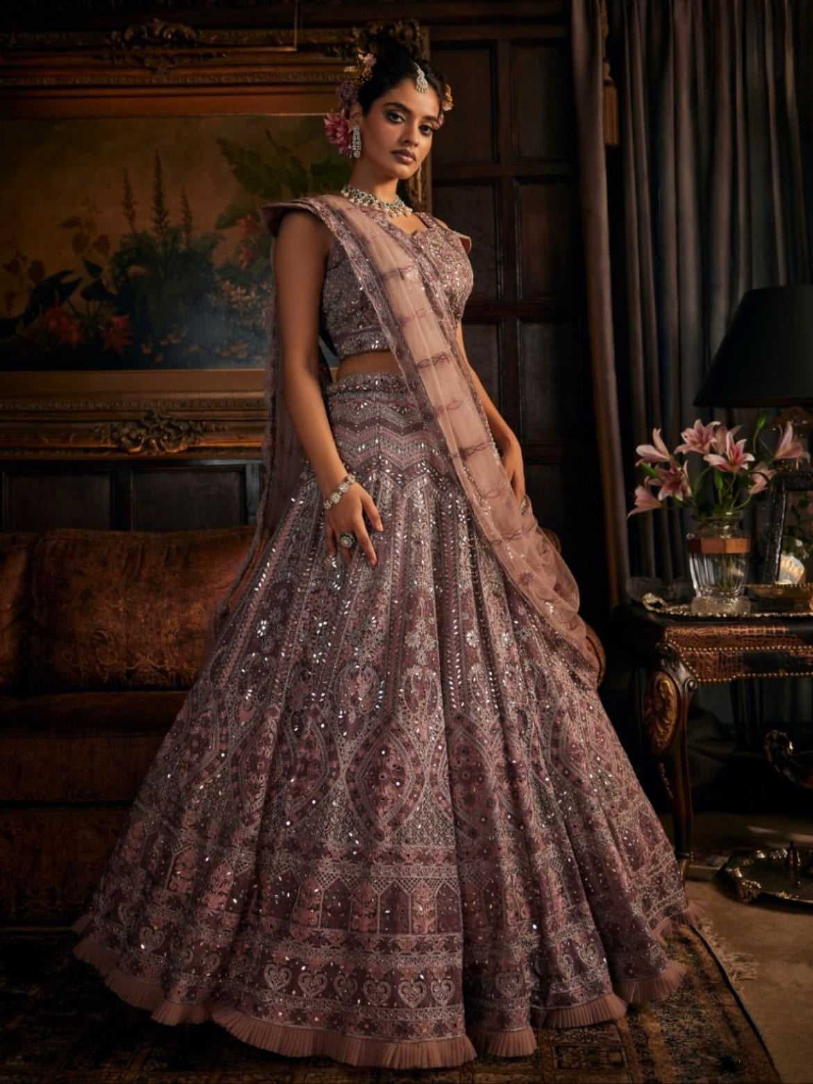 Mauve Heavy Embroidered Bridal Lehenga