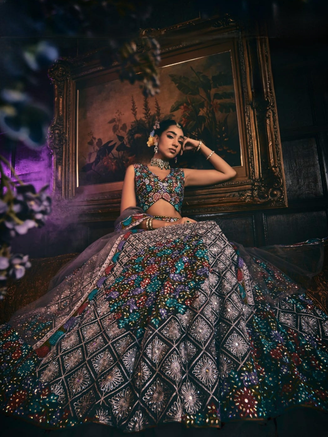 Black Multicolor Heavy Embroidered Bridal Lehenga