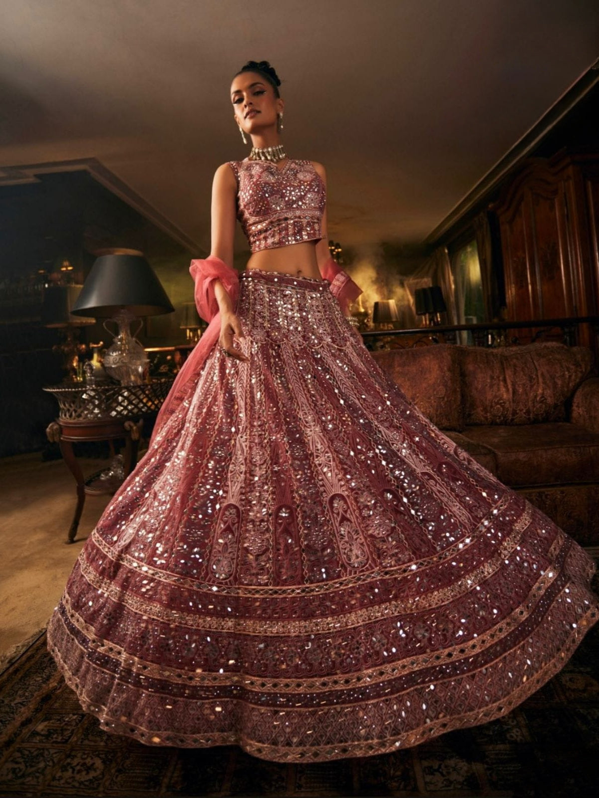 Rose Gold Sequin Mirror Embroidered Bridal Lehenga