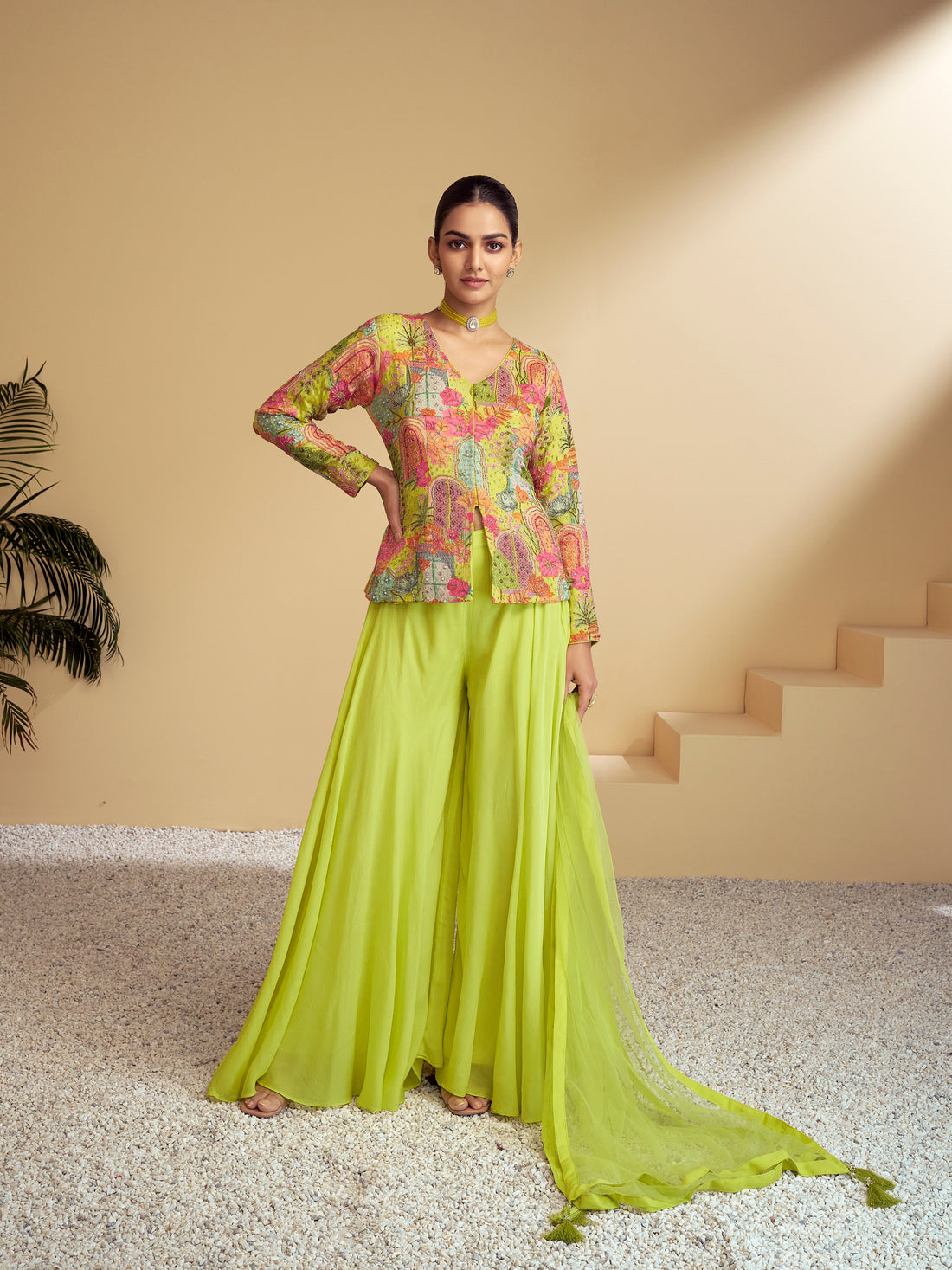 Lime Green Pure Chinon Palazzo Suit