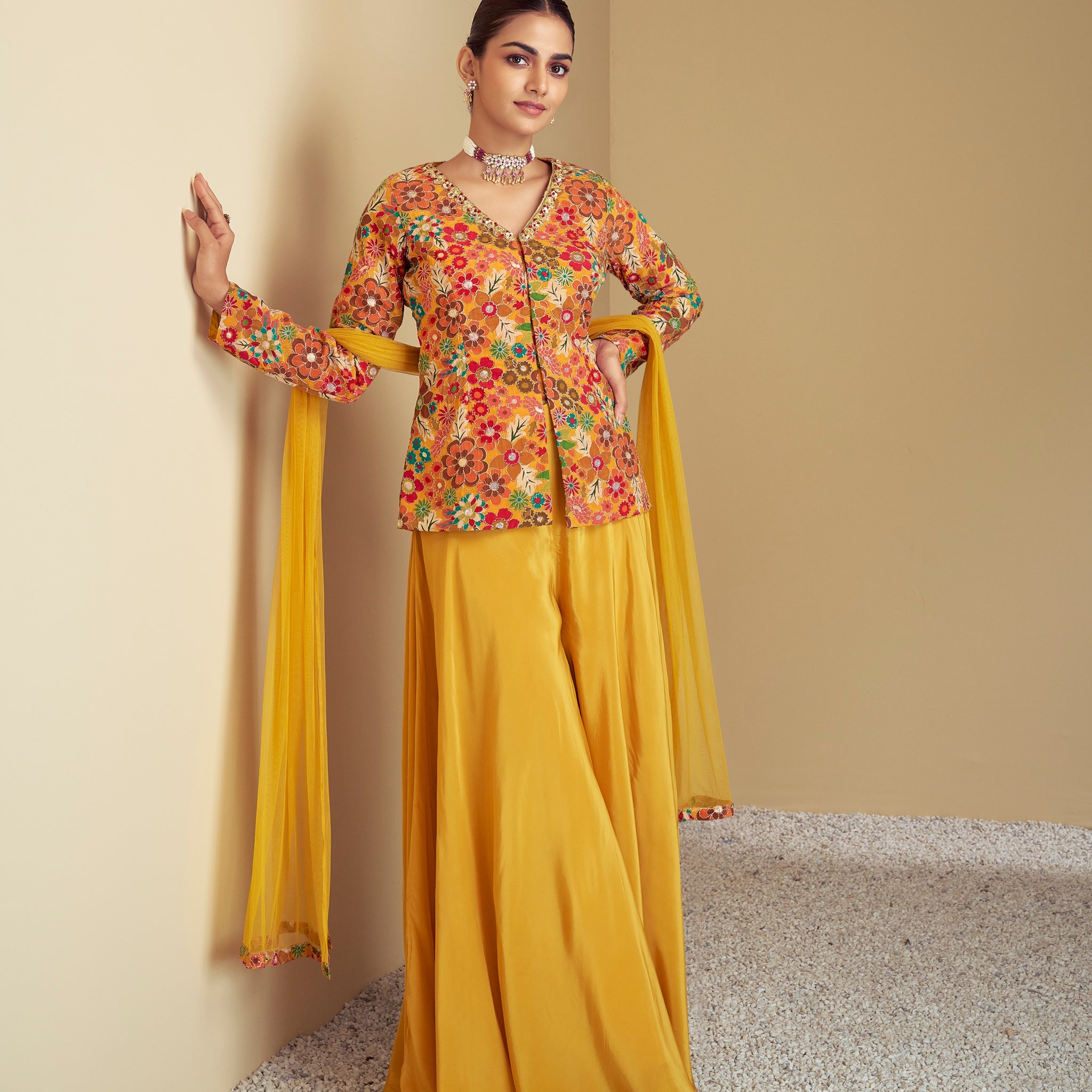 Mustard Yellow Pure Chinon Palazzo Suit