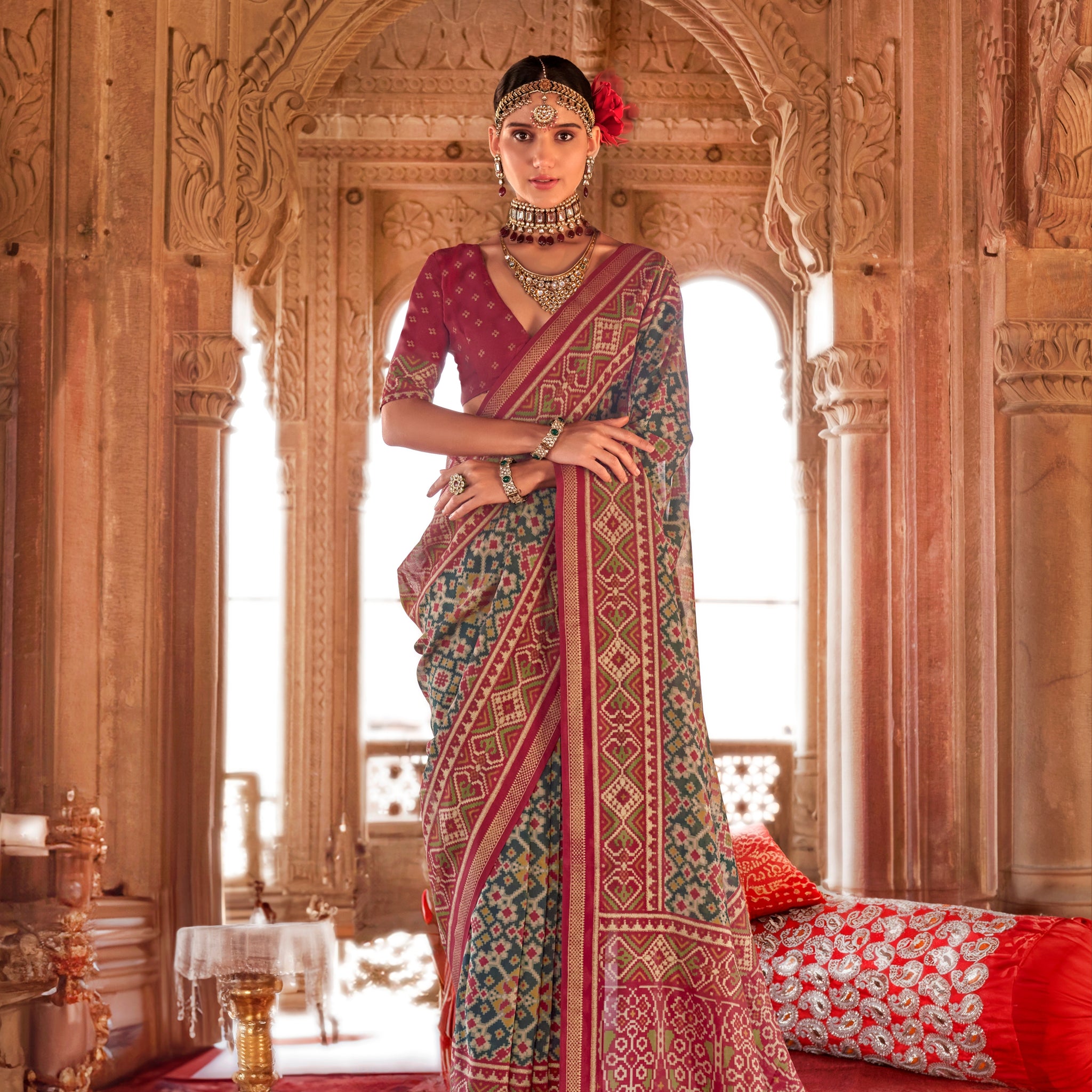 Maroon & Beige Designer Patola Silk Saree