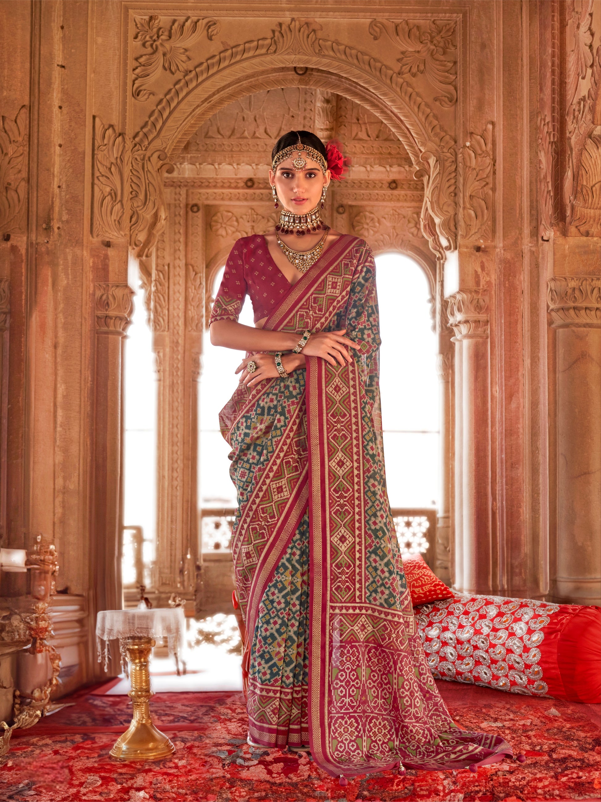 Maroon & Beige Designer Patola Silk Saree