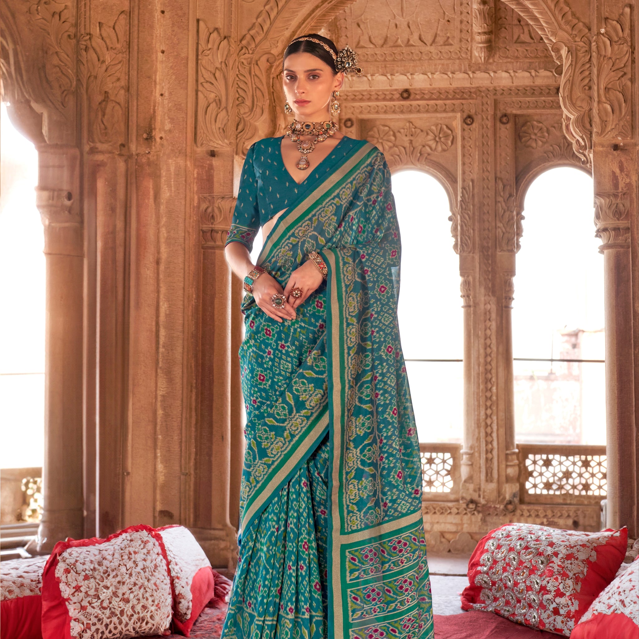 Teal Green & Gold Georgette Patola Silk Saree