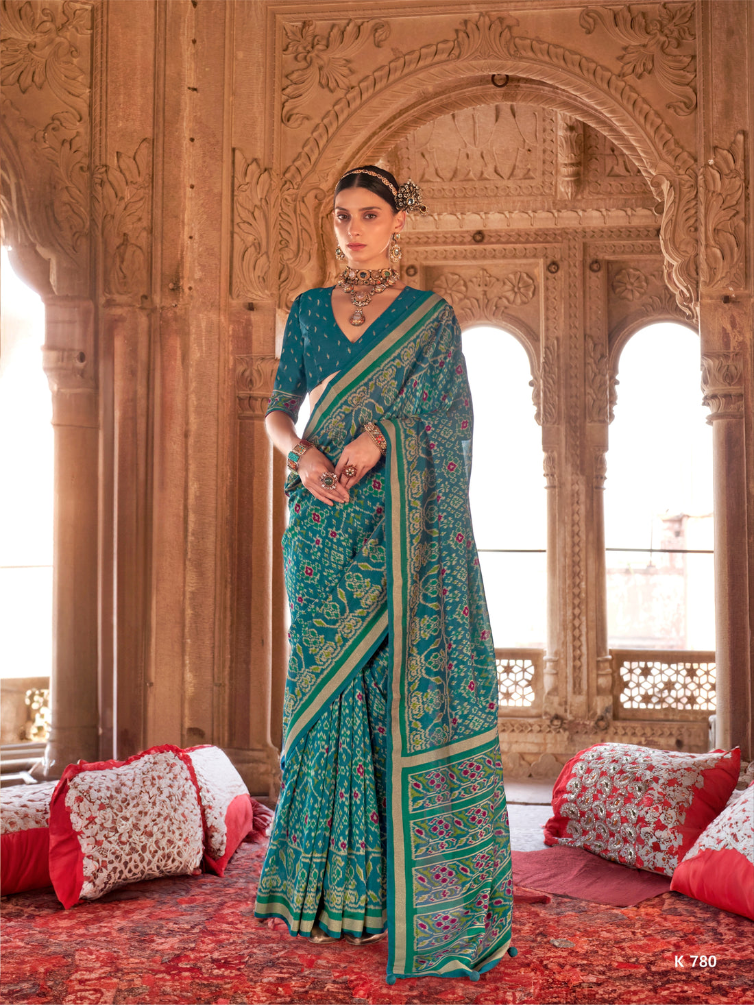 Teal Green & Gold Georgette Patola Silk Saree