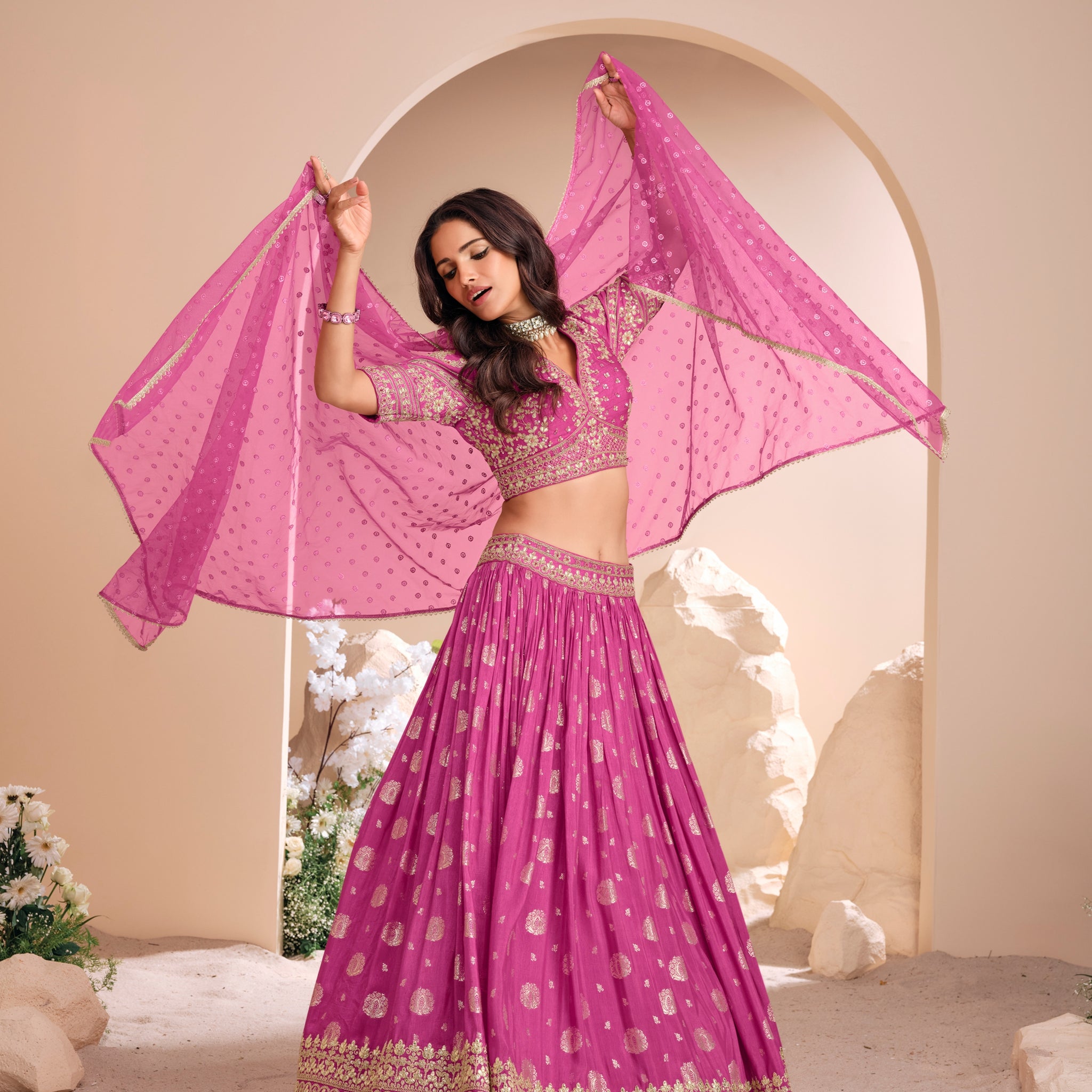 Majestic Pink Heavy Embroidered Jacquard Silk Lehenga Choli