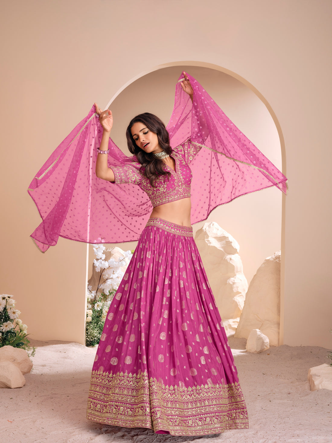 Majestic Pink Heavy Embroidered Jacquard Silk Lehenga Choli