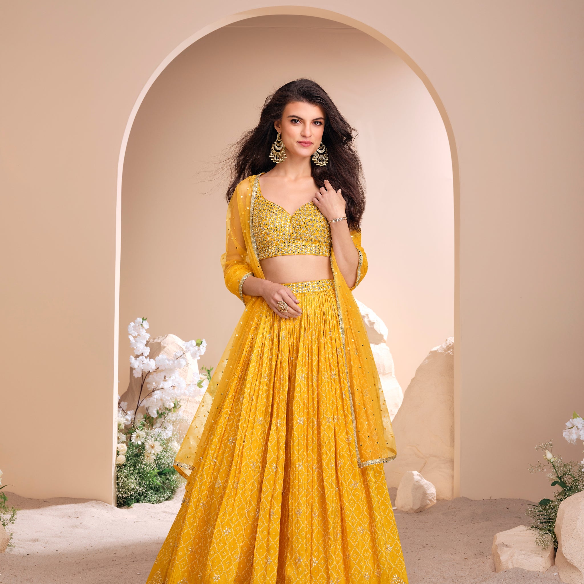 Mustard Yellow Jacquard Silk Embroidered Lehenga Choli