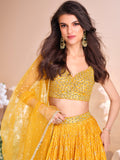 Mustard Yellow Jacquard Silk Embroidered Lehenga Choli