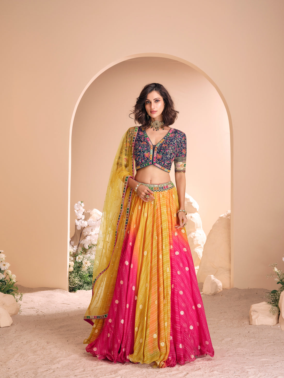 Multi-Colored Ombre Viscose Jacquard Silk Lehenga Choli