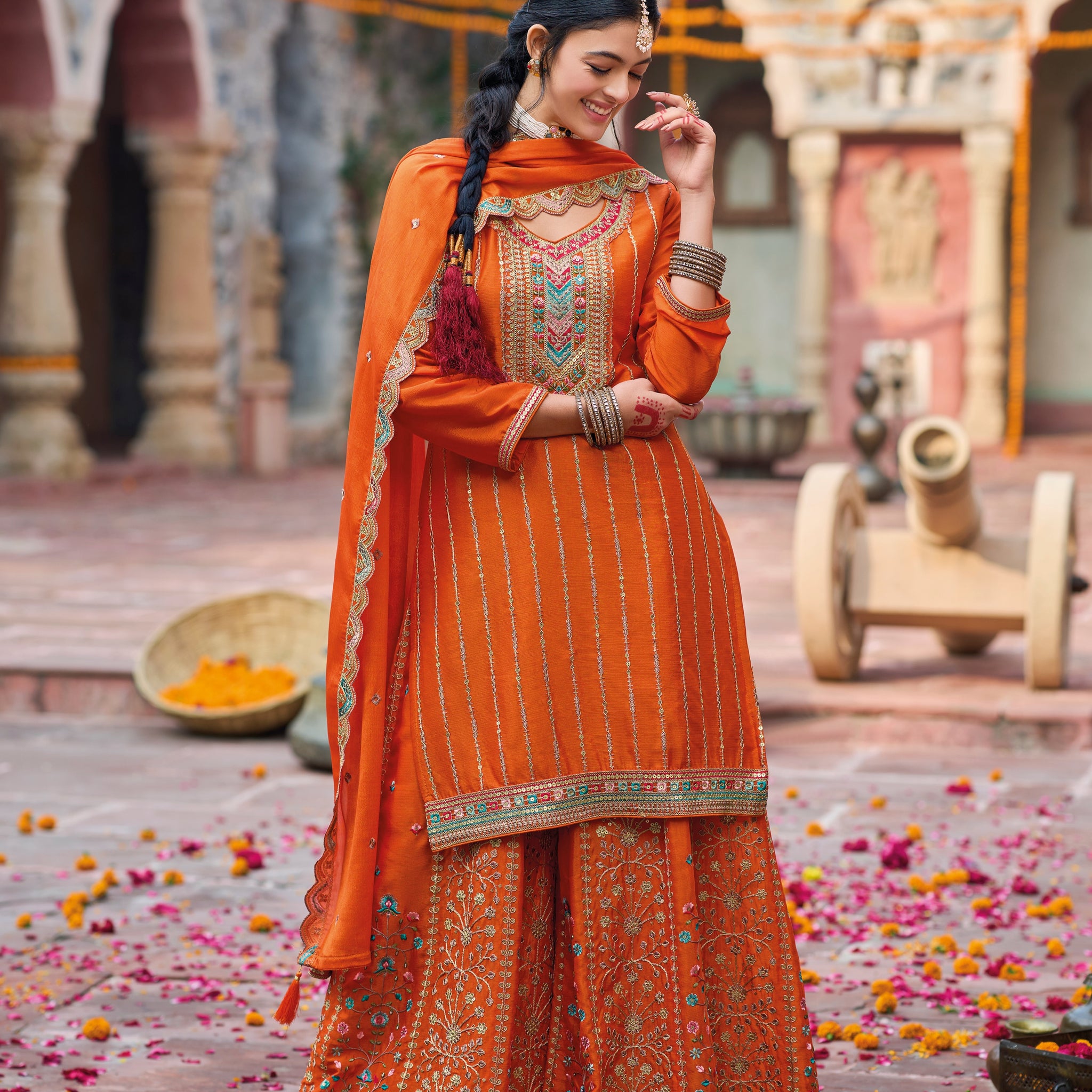 Orange Heavy Chinnon Embroidered Palazzo Suit