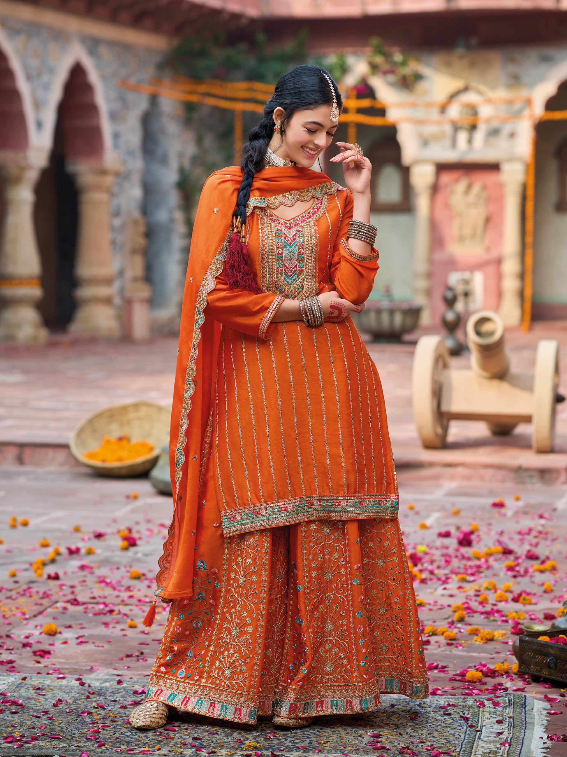 Orange Heavy Chinnon Embroidered Palazzo Suit