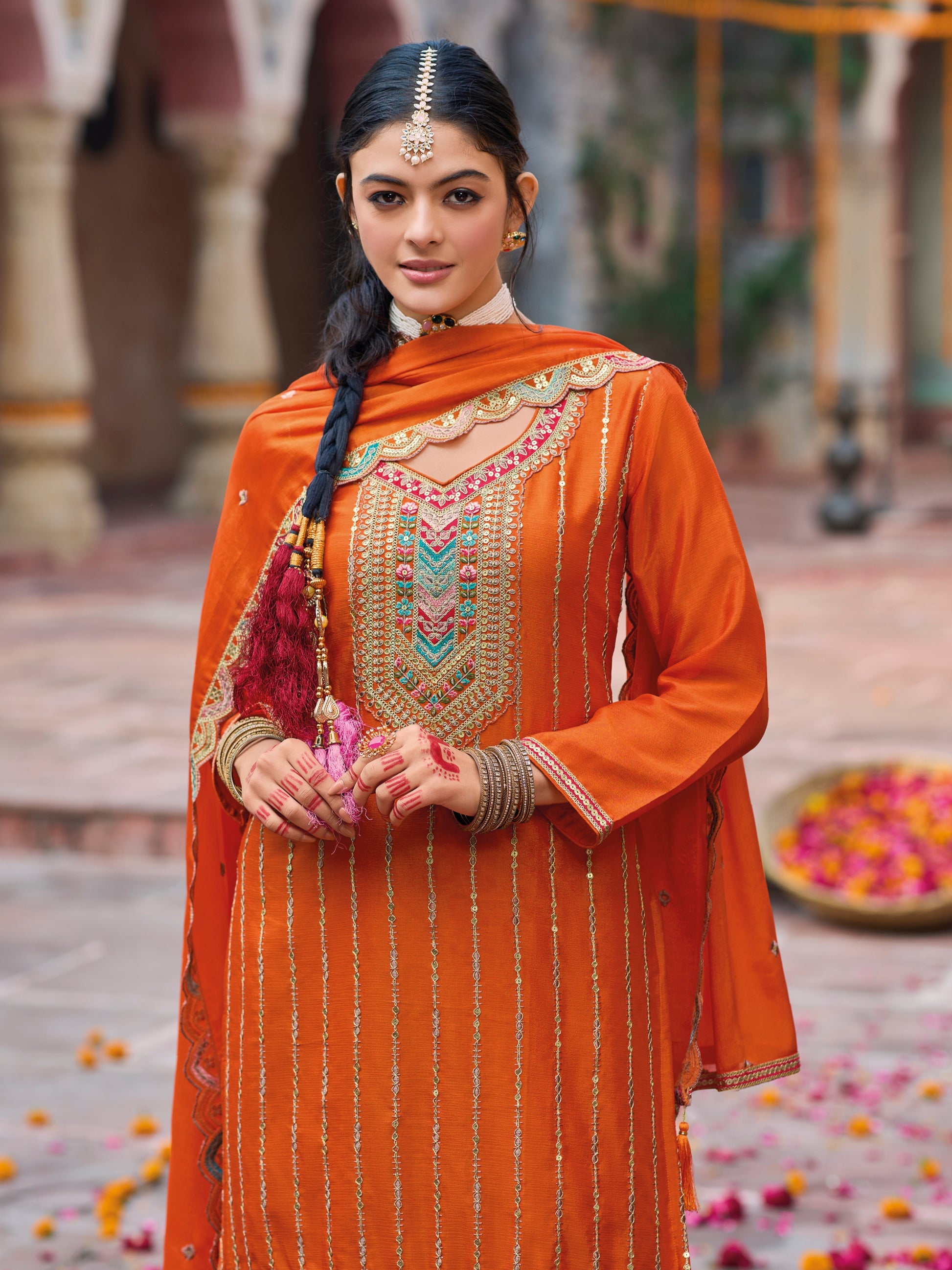 Orange Heavy Chinnon Embroidered Palazzo Suit