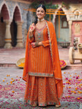 Orange Heavy Chinnon Embroidered Palazzo Suit