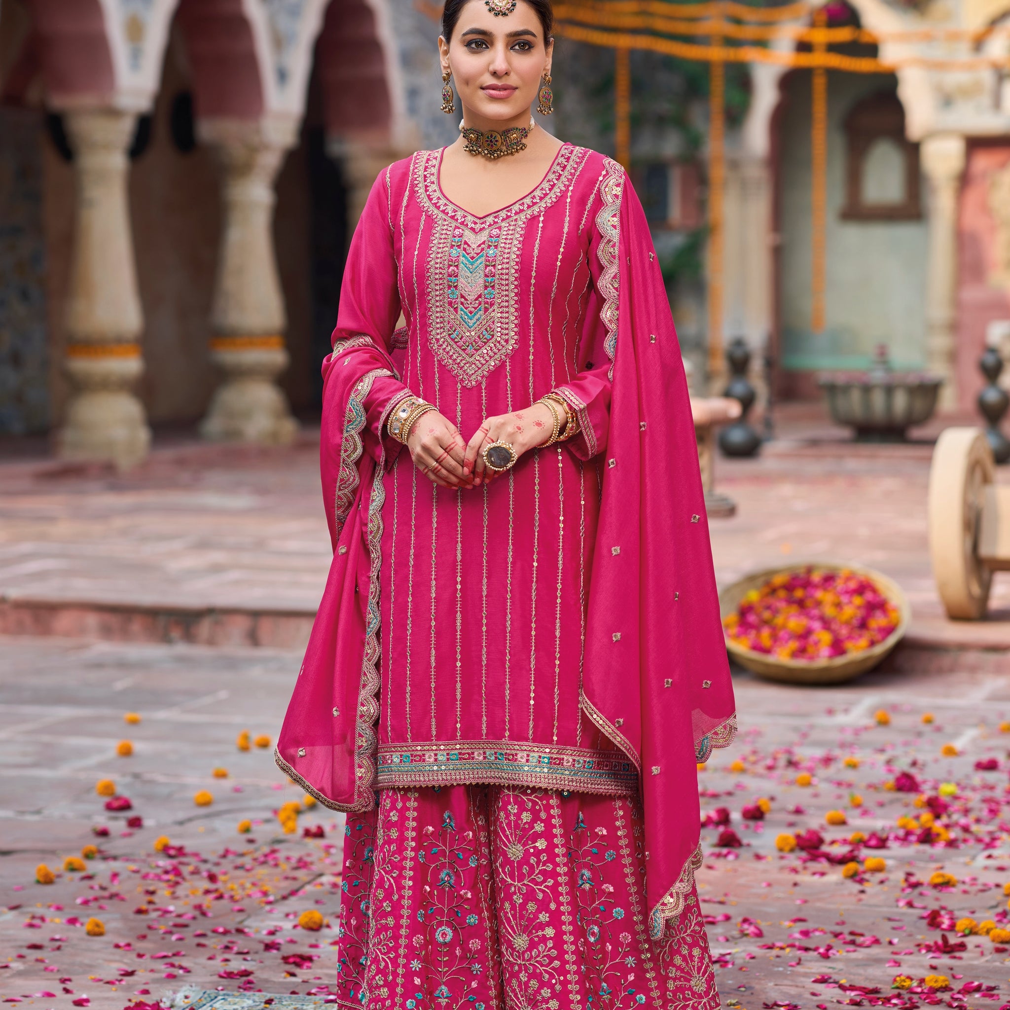 Hot Pink Heavy Chinnon Palazzo Suit