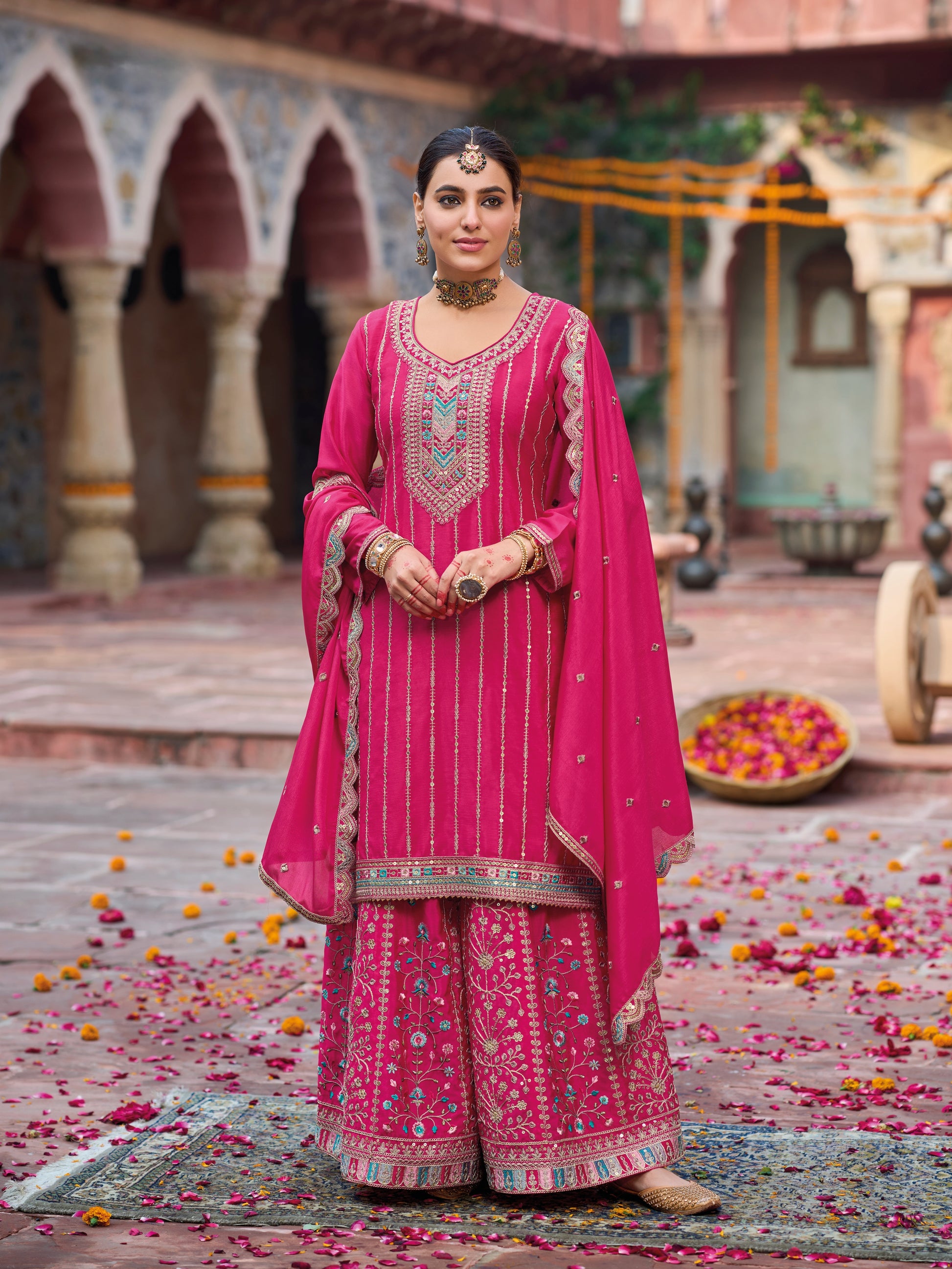 Hot Pink Heavy Chinnon Palazzo Suit