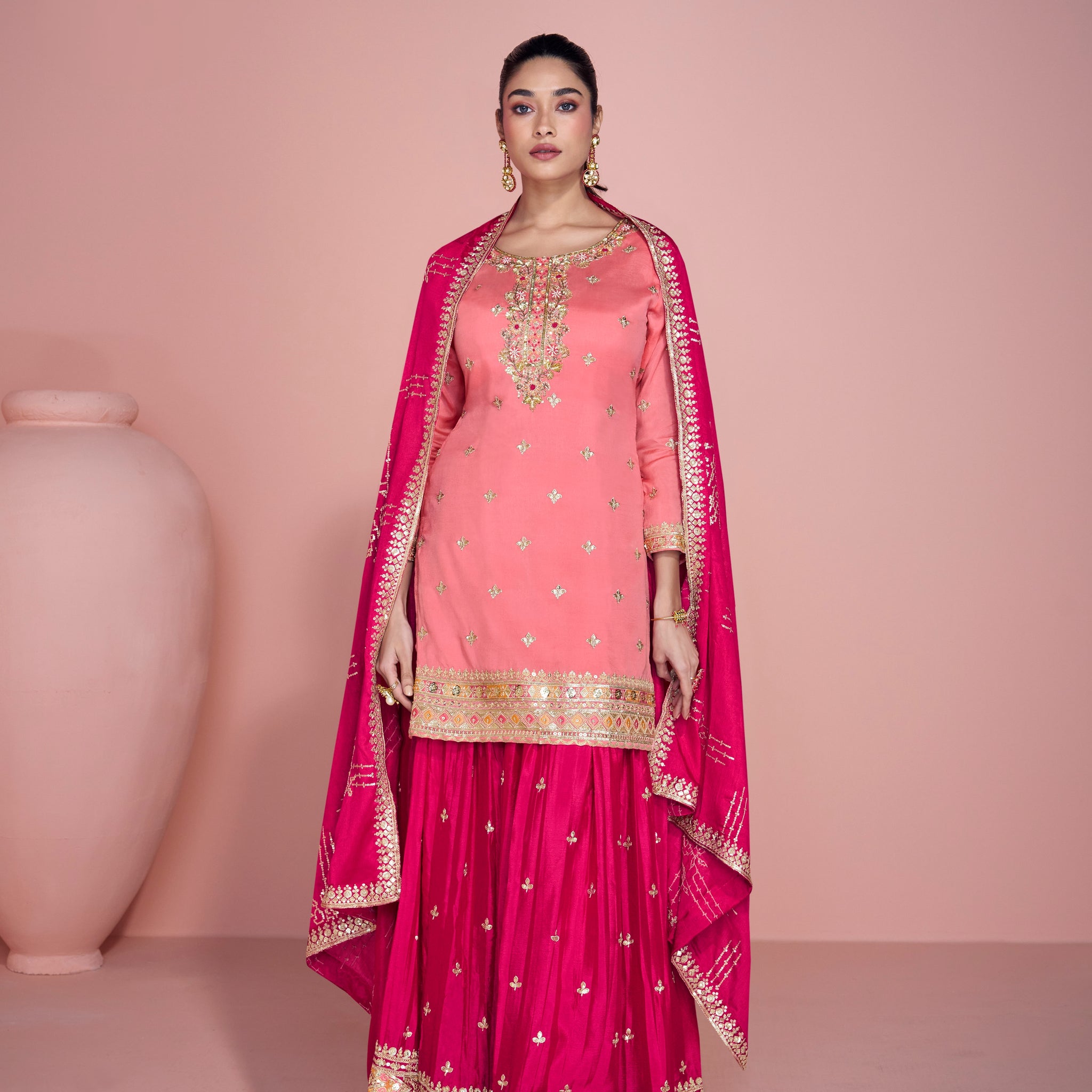 Pink Chinon Silk Embroidered Sharara Suit