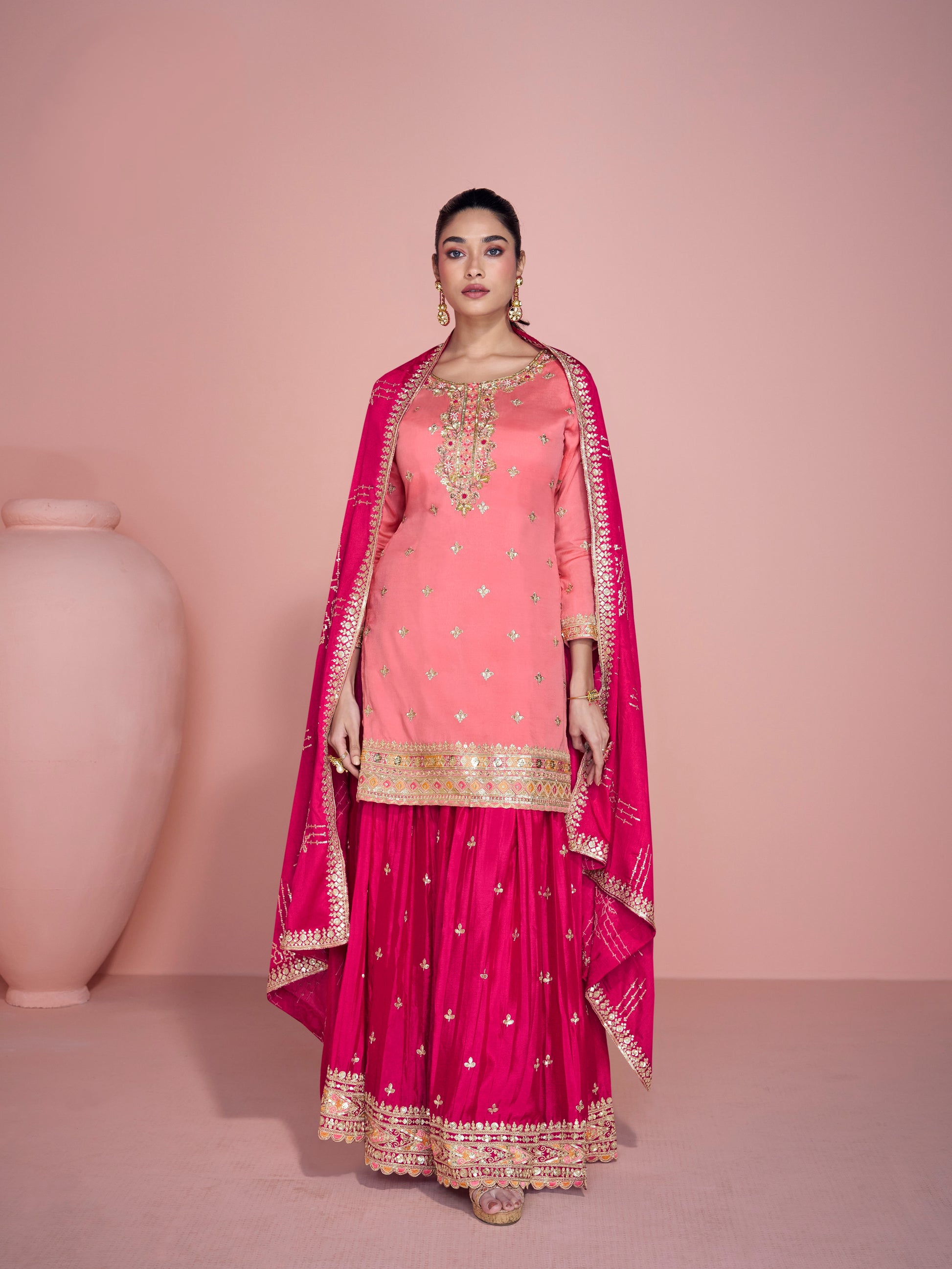 Pink Chinon Silk Embroidered Sharara Suit