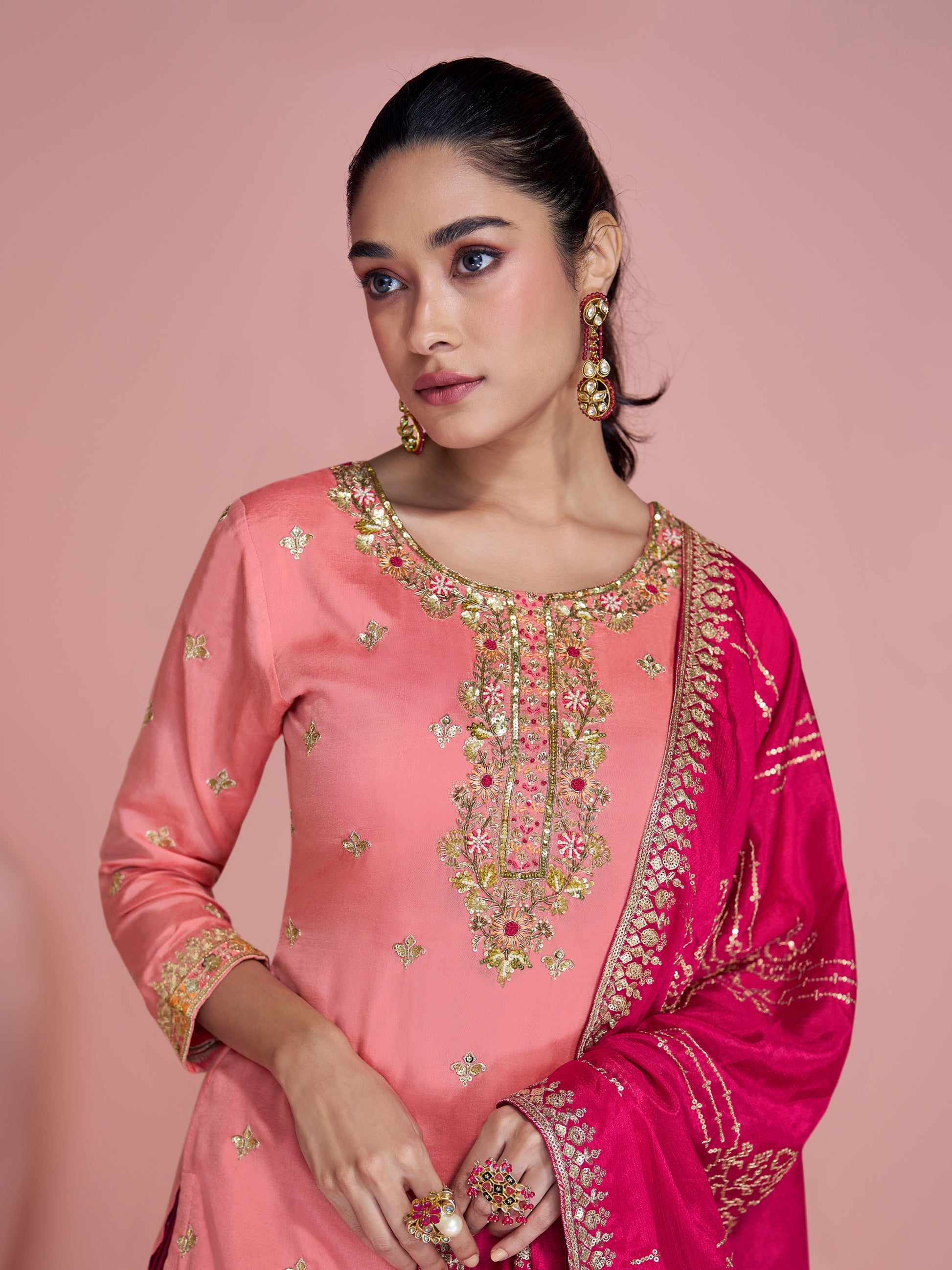 Pink Chinon Silk Embroidered Sharara Suit